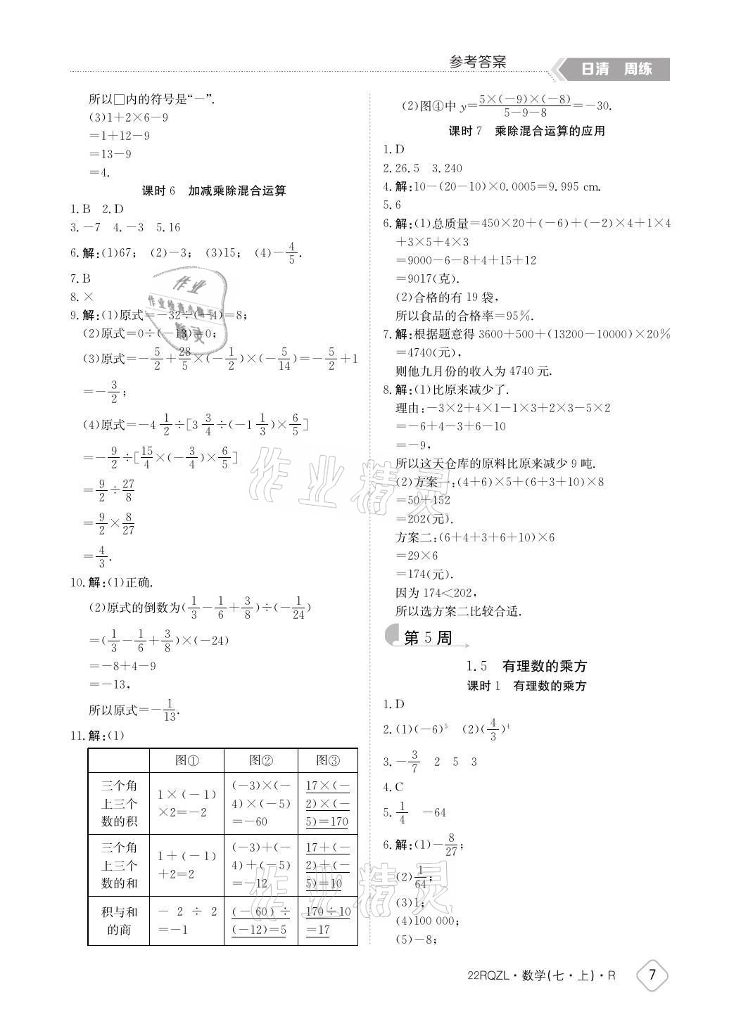 2021年日清周練七年級數(shù)學(xué)上冊人教版 參考答案第7頁