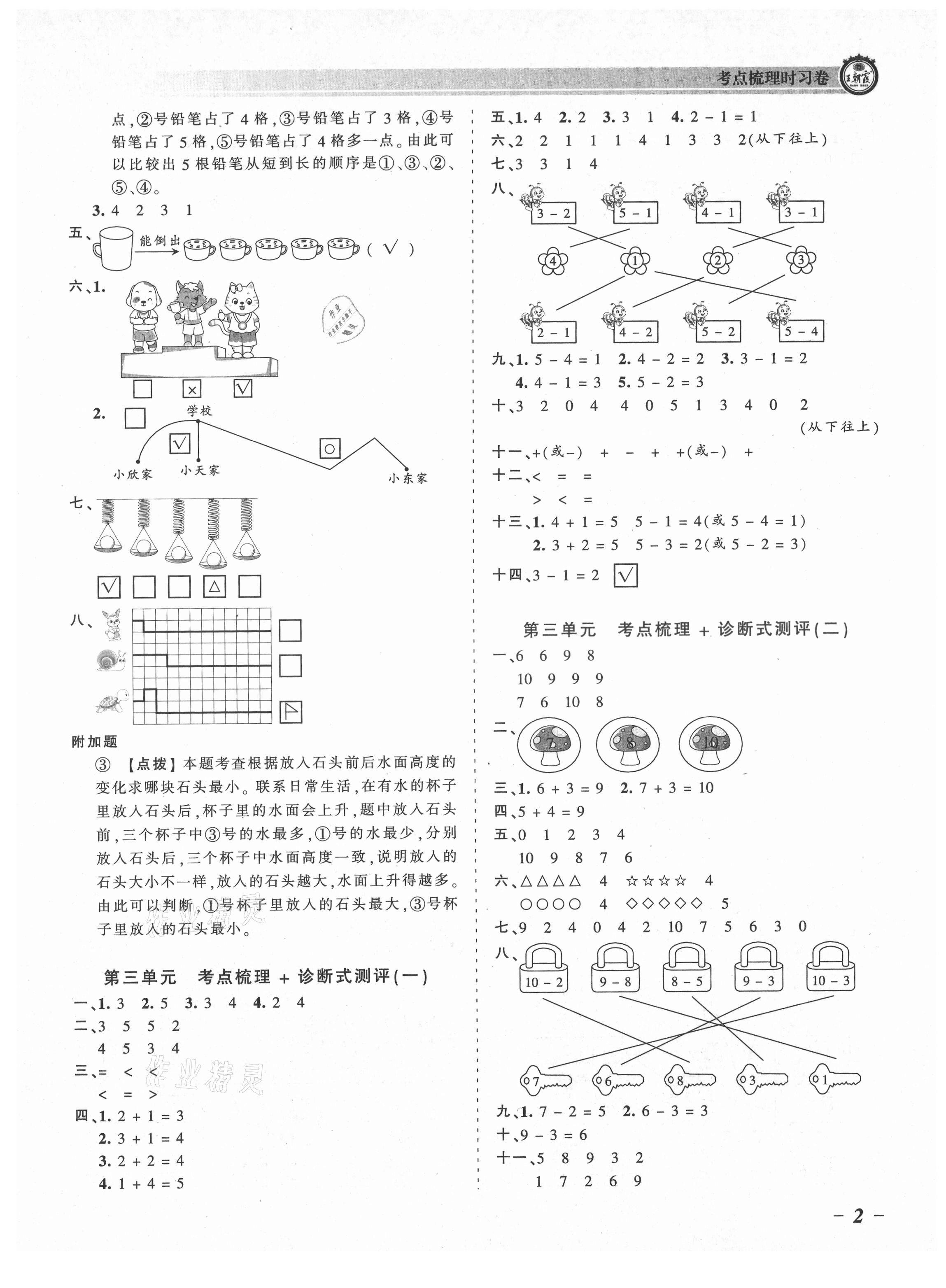 2021年王朝霞考点梳理时习卷一年级数学上册北师大版 参考答案第2页