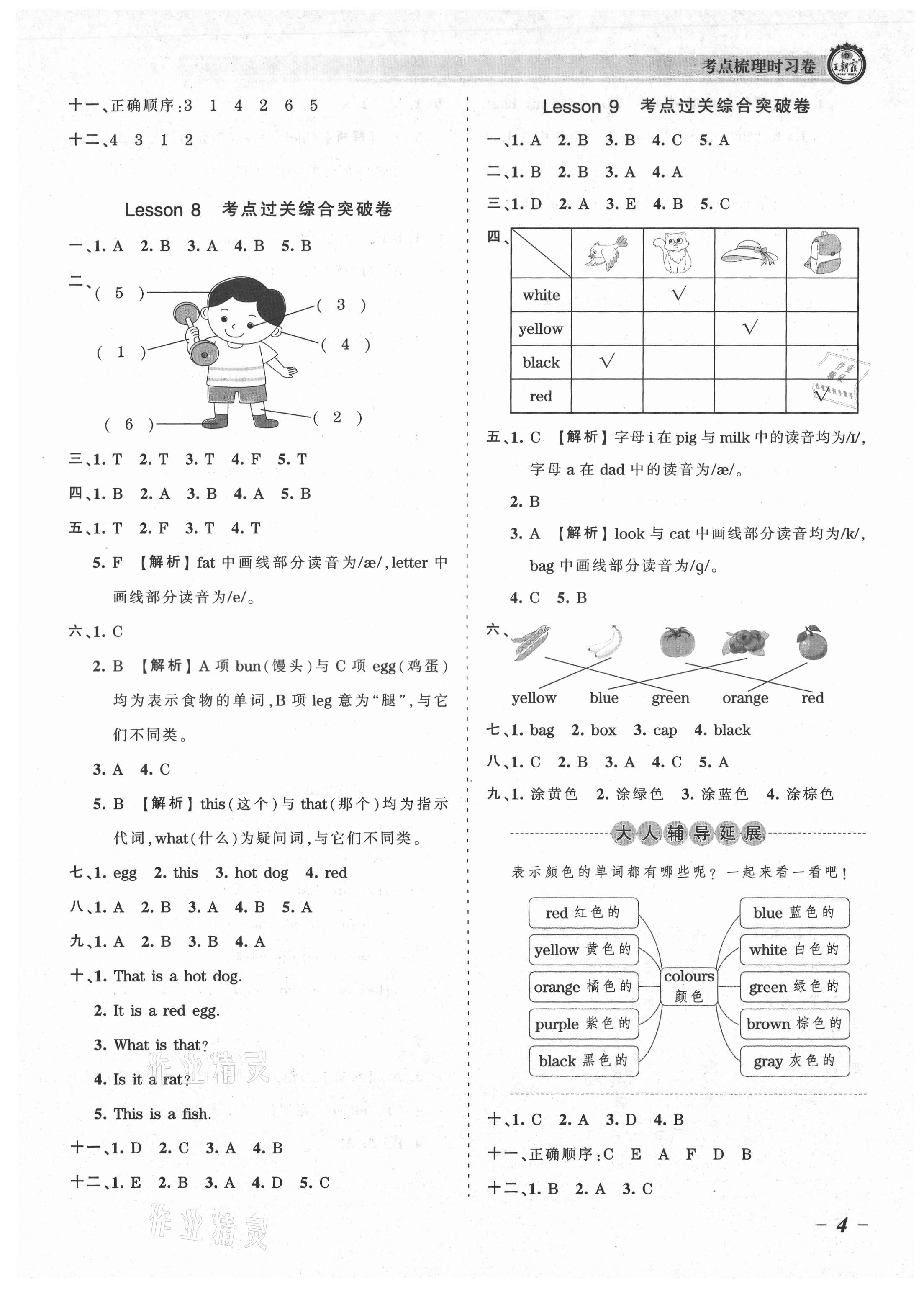 2021年王朝霞考点梳理时习卷三年级英语上册科普版 参考答案第4页