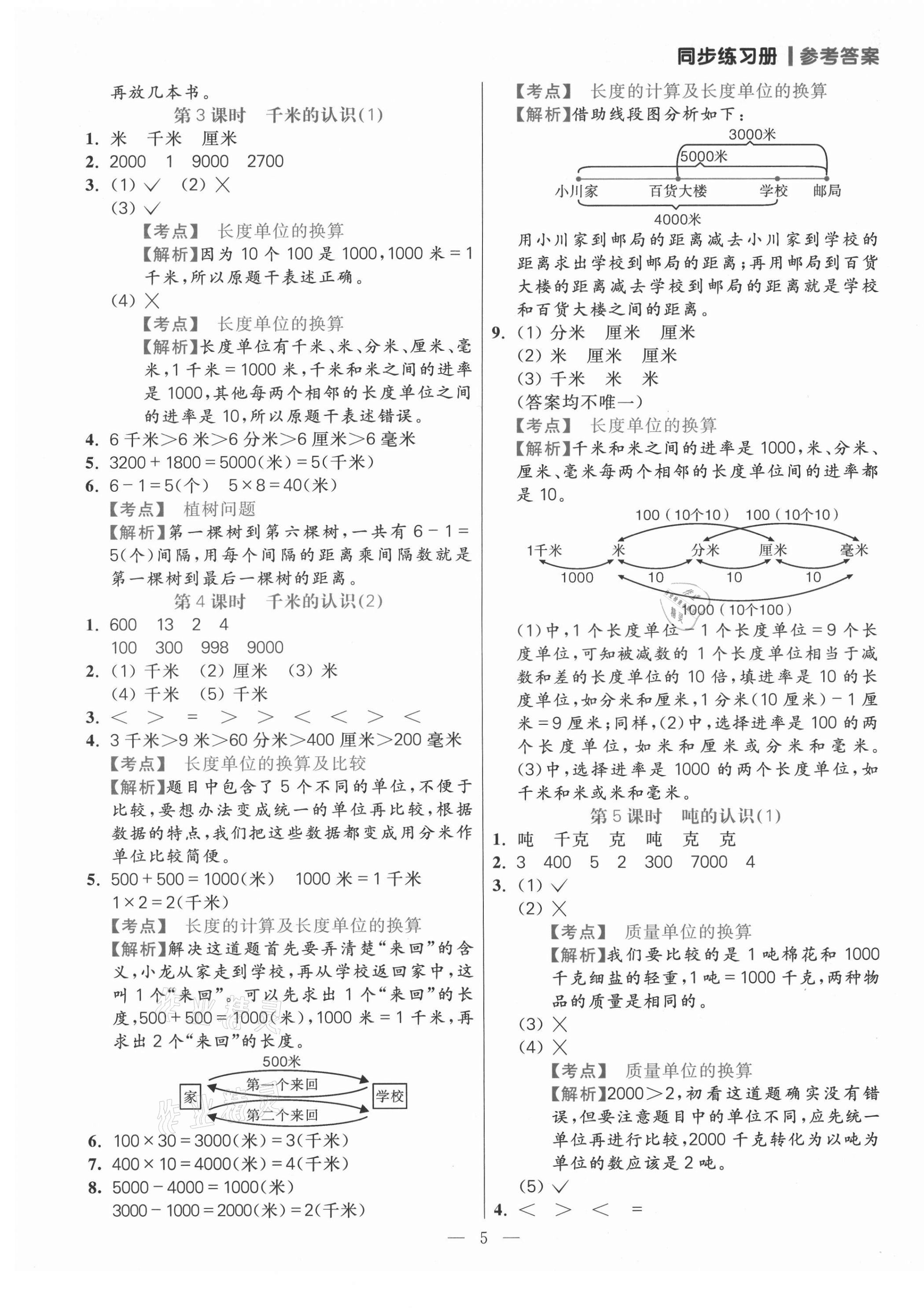 2021年100分闖關(guān)同步練習(xí)冊(cè)三年級(jí)數(shù)學(xué)上冊(cè)人教版 參考答案第5頁(yè)