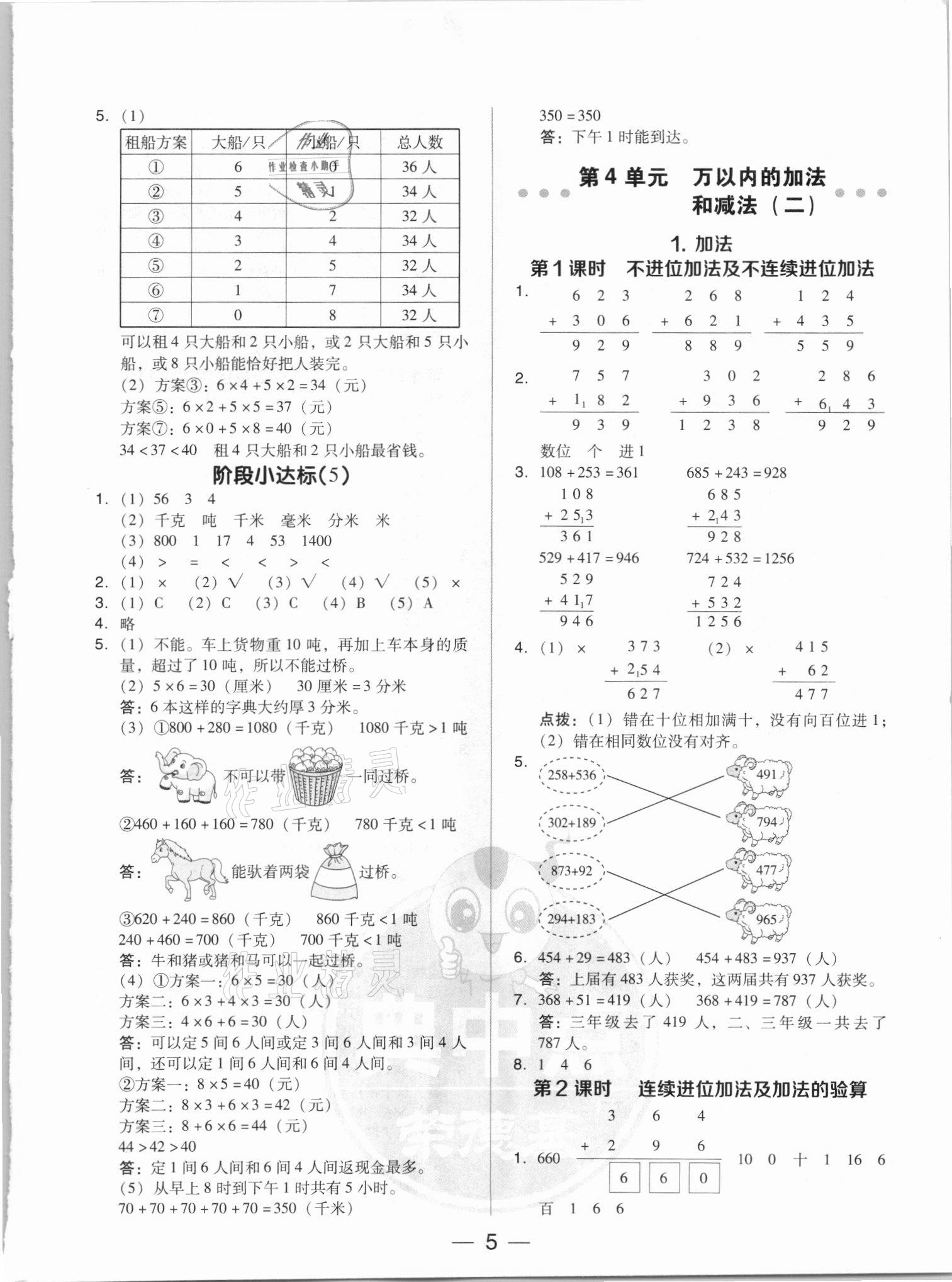 2021年綜合應(yīng)用創(chuàng)新題典中點(diǎn)三年級(jí)數(shù)學(xué)上冊(cè)人教版5月印刷 參考答案第5頁