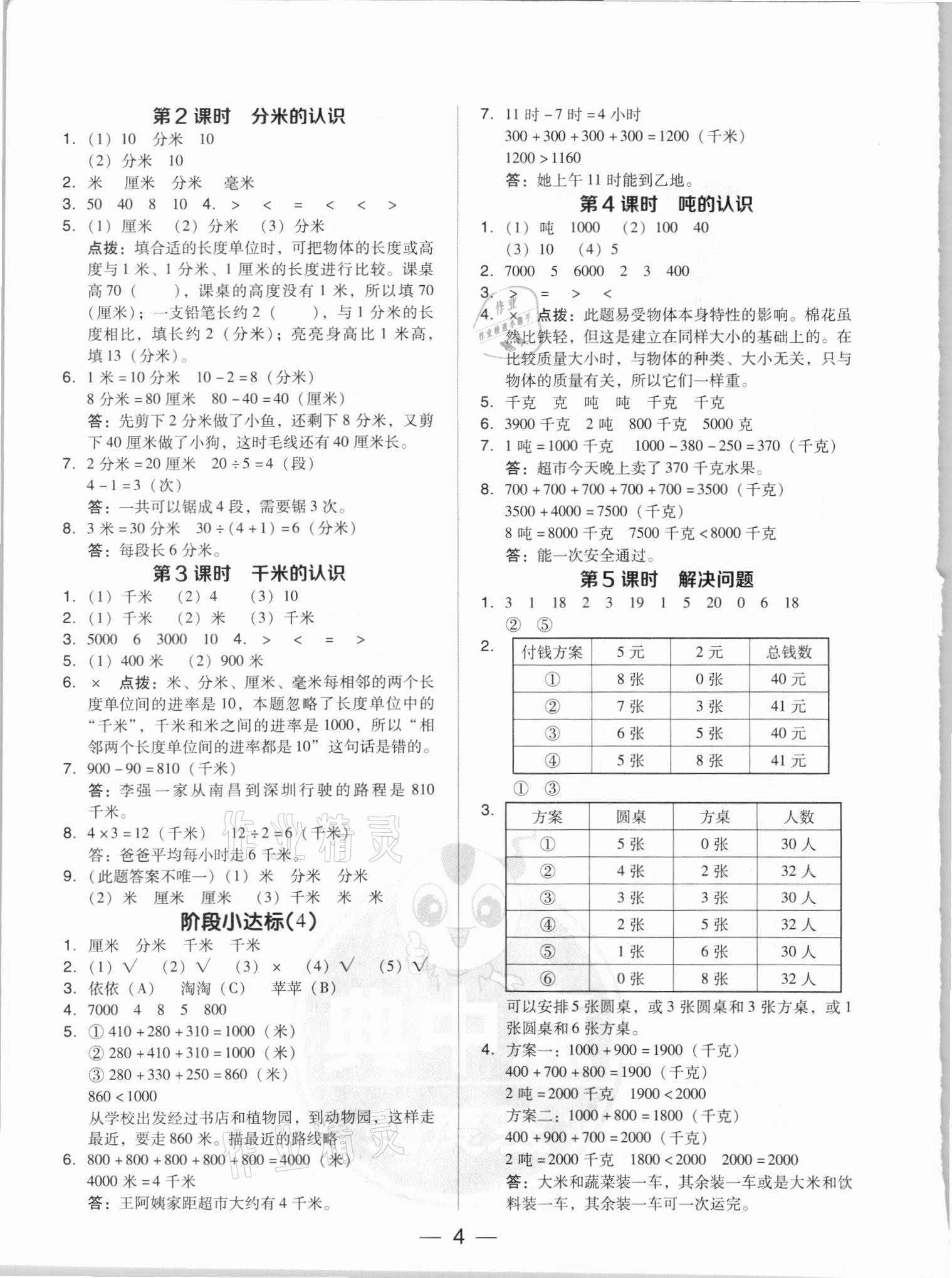 2021年綜合應(yīng)用創(chuàng)新題典中點(diǎn)三年級(jí)數(shù)學(xué)上冊(cè)人教版5月印刷 參考答案第4頁