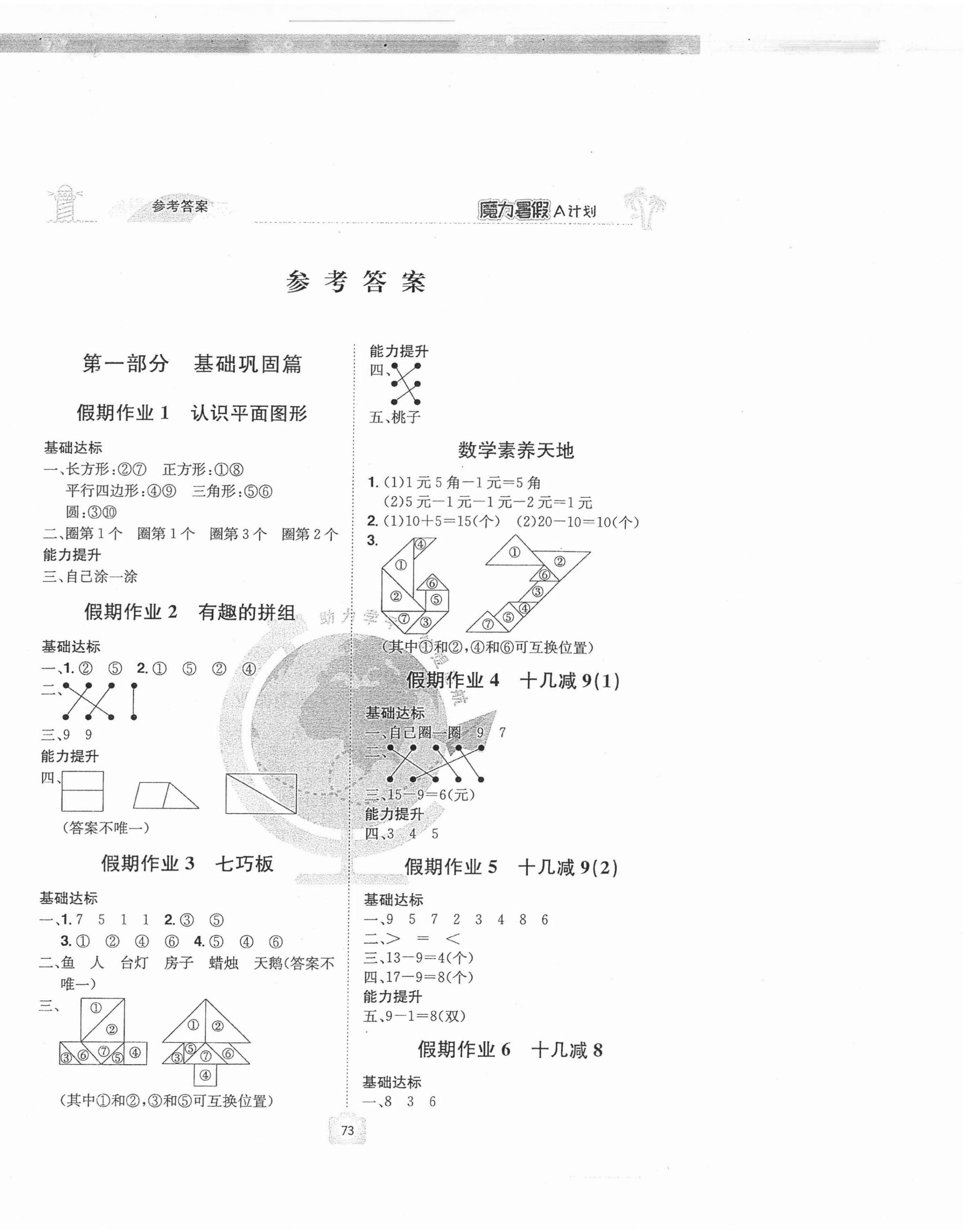 2021年魔力暑假A計(jì)劃一年級(jí)數(shù)學(xué)人教版江西美術(shù)出版社 第1頁(yè)