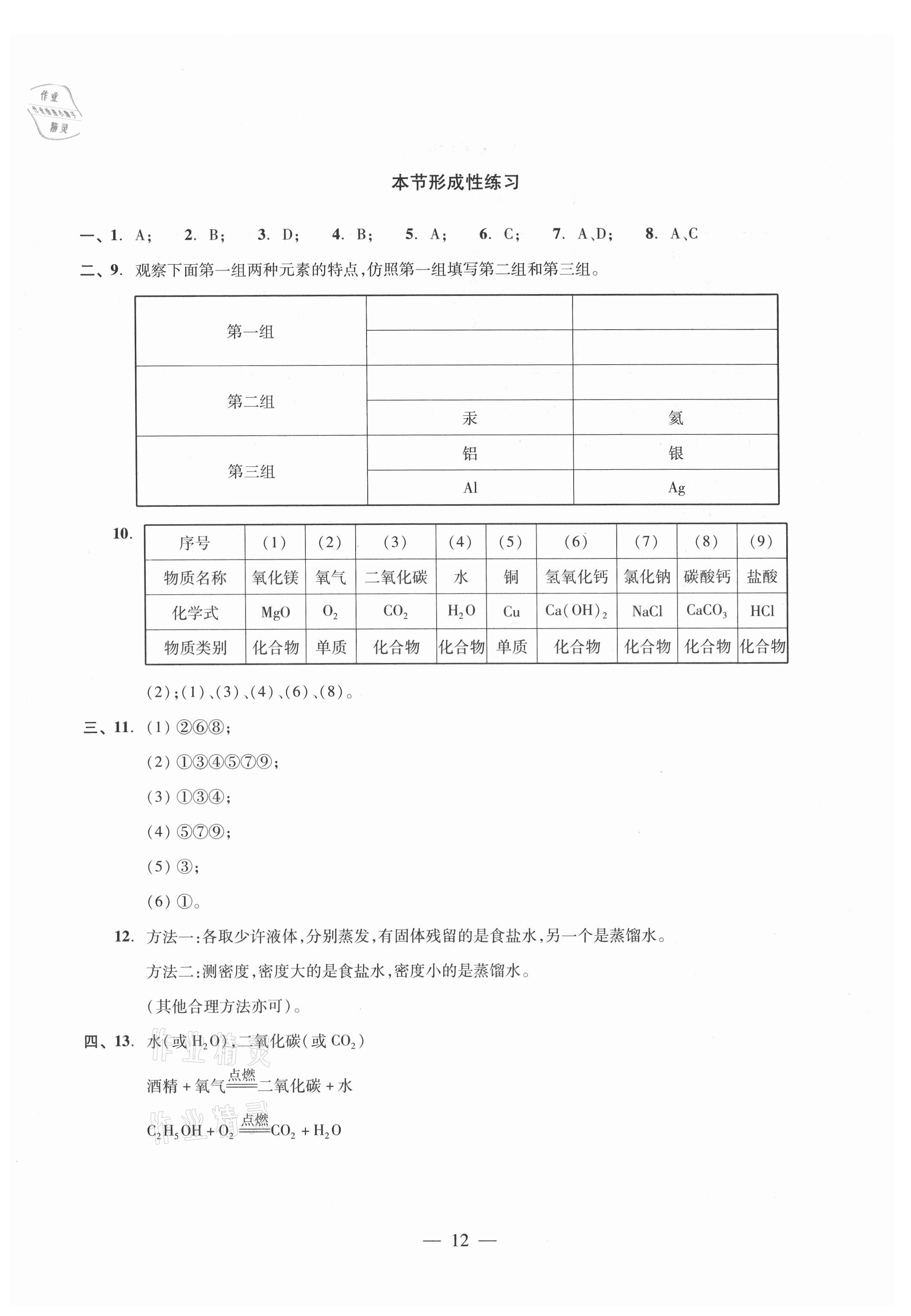 2021年初中化學(xué)雙基過關(guān)隨堂練九年級滬教版 參考答案第12頁