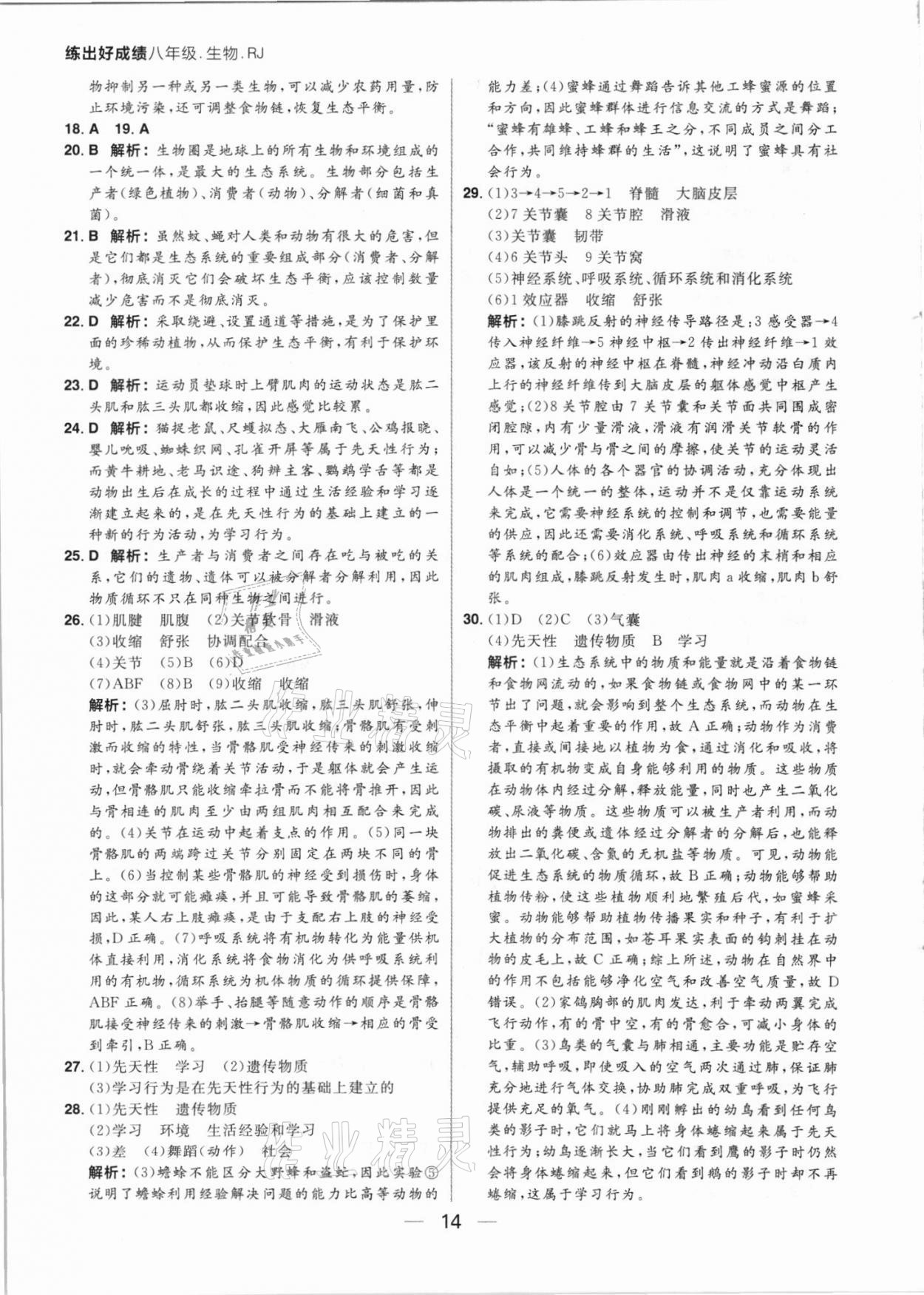 2021年练出好成绩八年级生物上册人教版 参考答案第14页