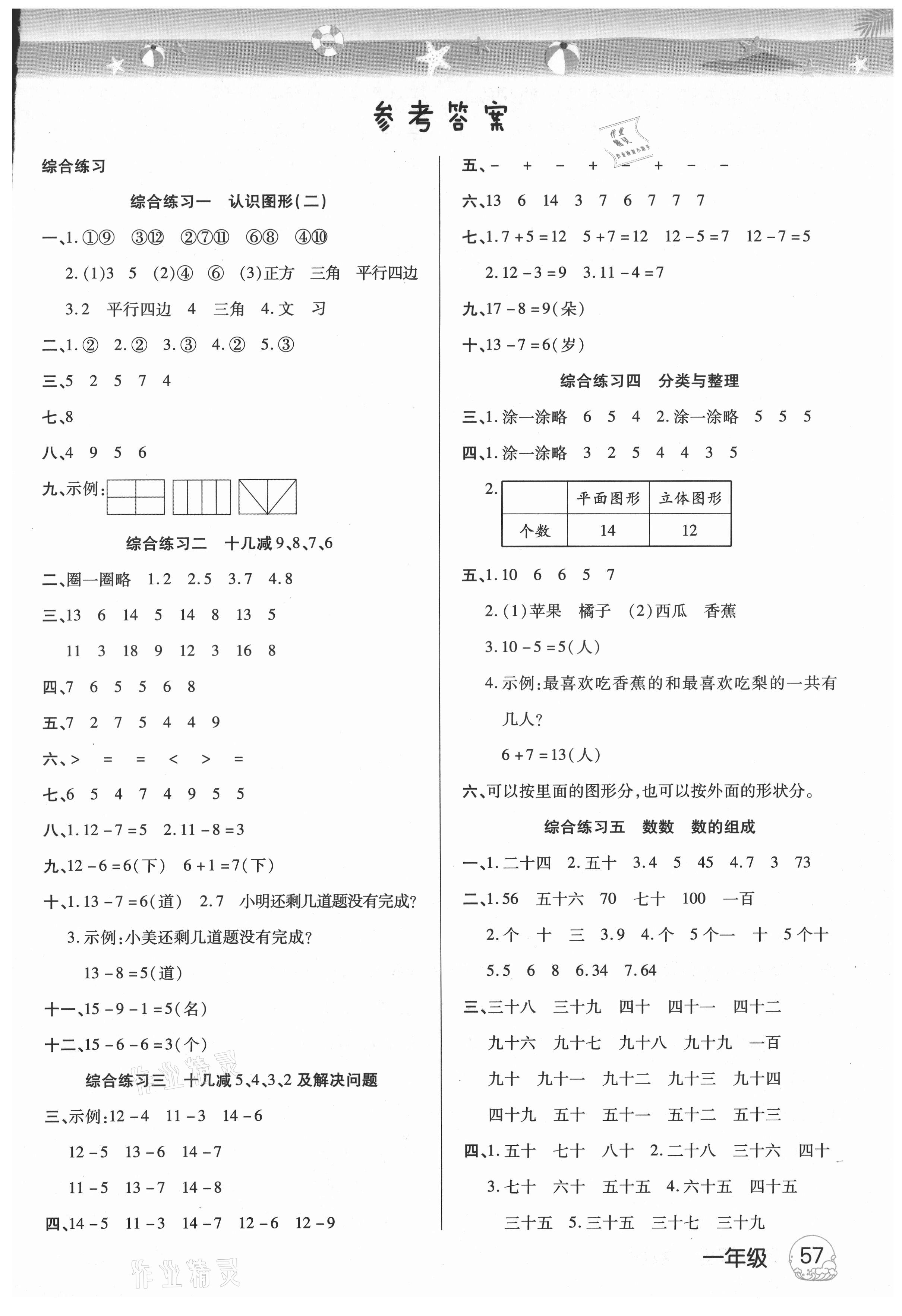 2021年培优暑假作业一年级数学人教版汉大学出版社 参考答案第1页