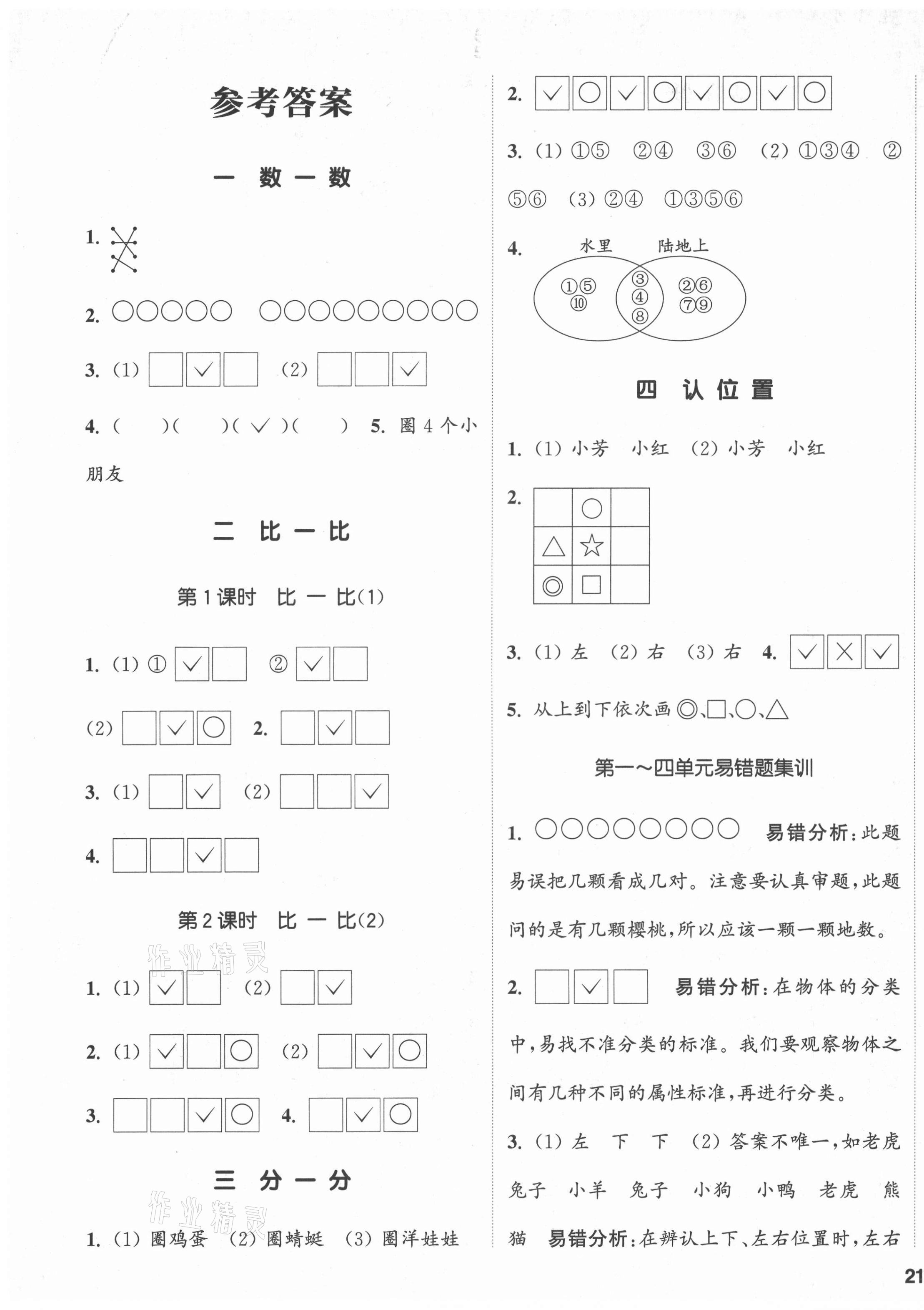 2021年通城學(xué)典課時(shí)新體驗(yàn)一年級(jí)數(shù)學(xué)上冊(cè)蘇教版 參考答案第1頁