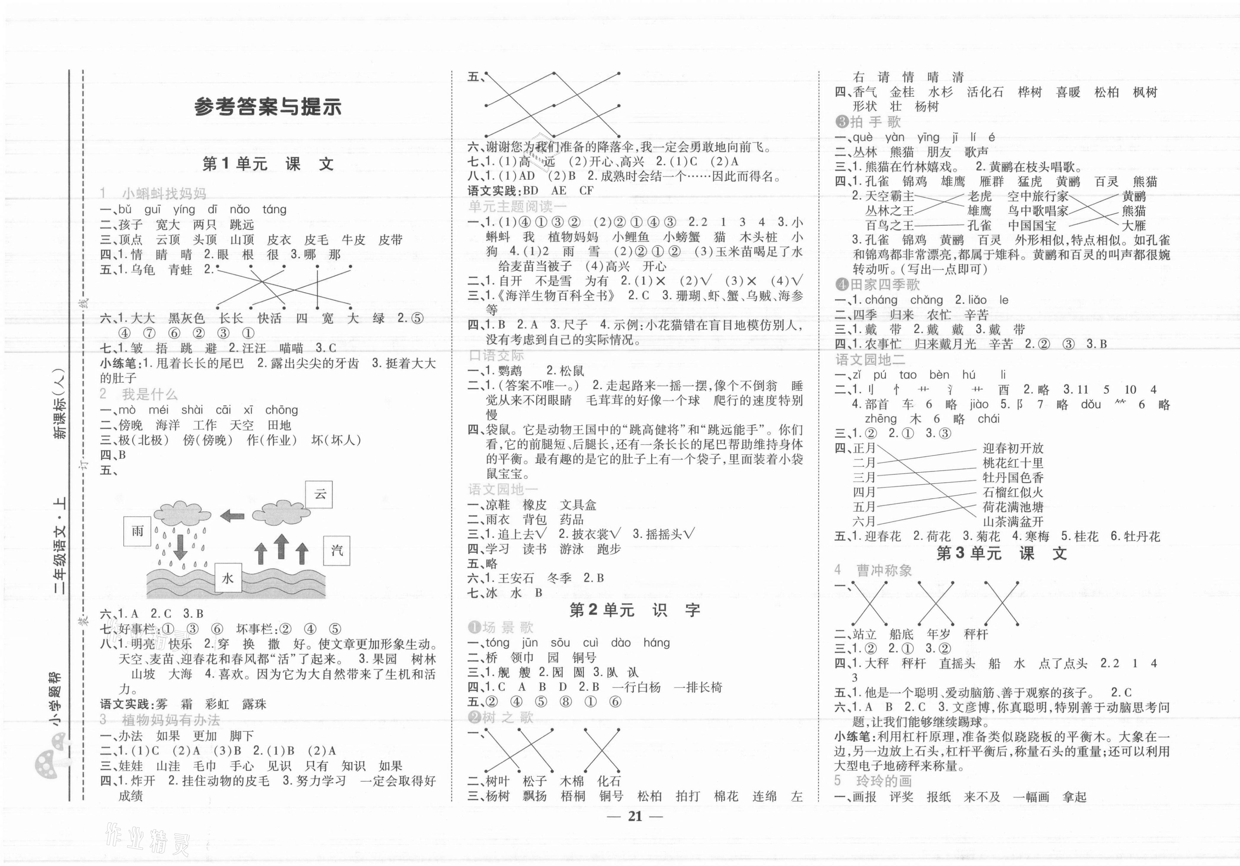 2021年小學題幫二年級語文上冊人教版 參考答案第1頁