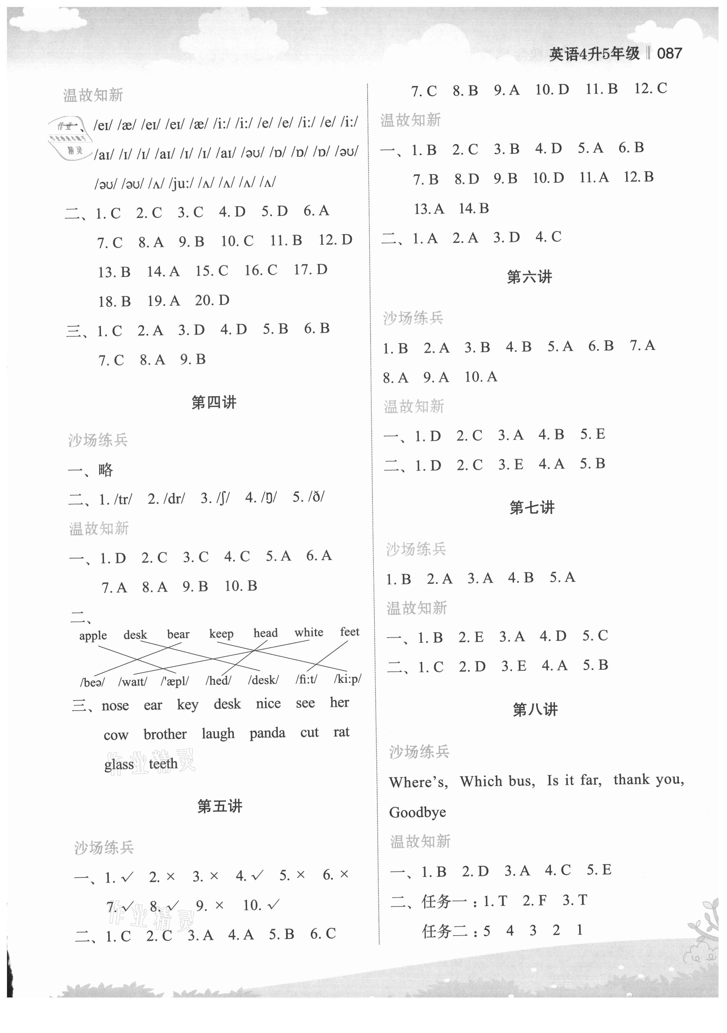 2021年新概念小学年级衔接教材江苏凤凰美术出版社四升五英语人教版江苏凤凰美术出版社 参考答案第2页