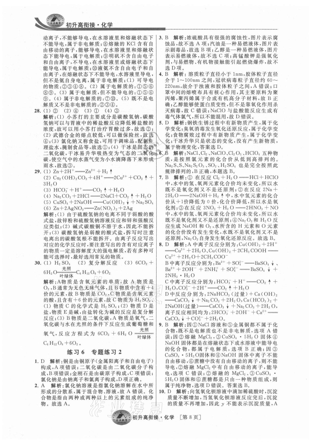 2021年效率暑假初升高衔接化学江苏人民出版社 参考答案第8页