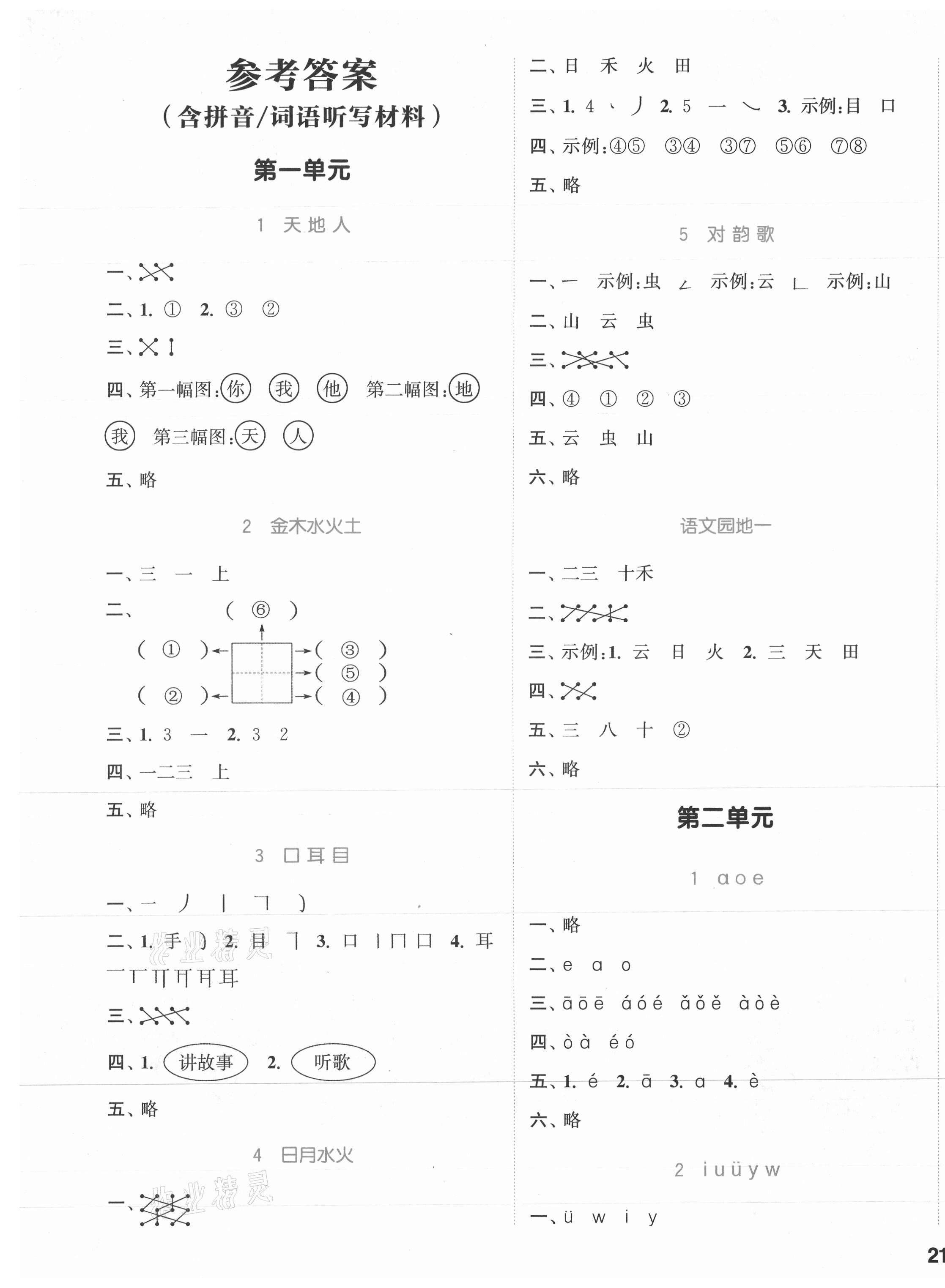 2021年通城學典課時作業(yè)本一年級語文上冊江蘇專版 參考答案第1頁