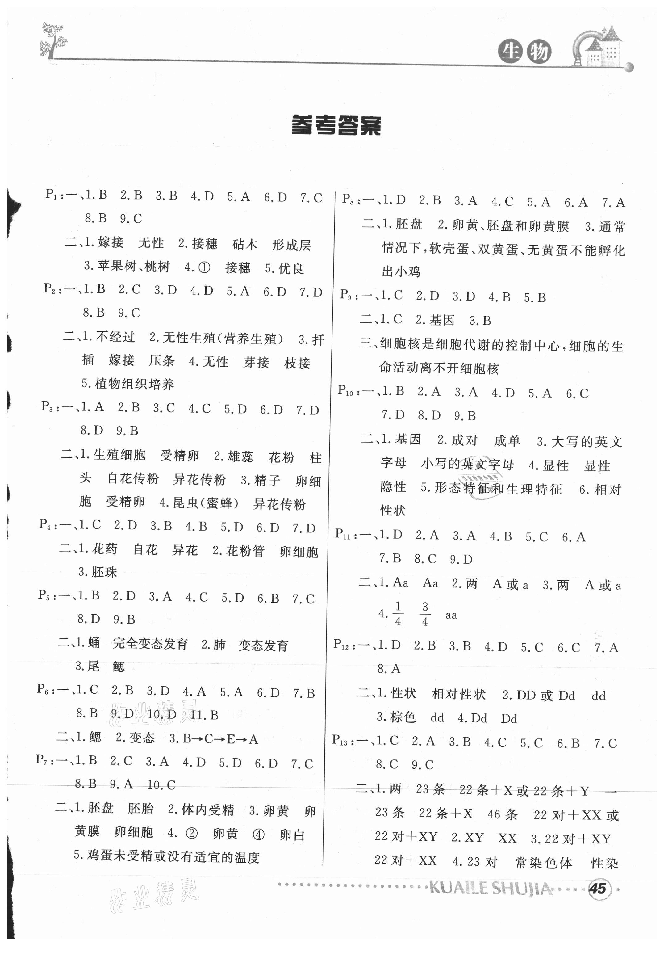 2021年快樂暑假甘肅教育出版社八年級(jí)地理生物人教版 參考答案第1頁