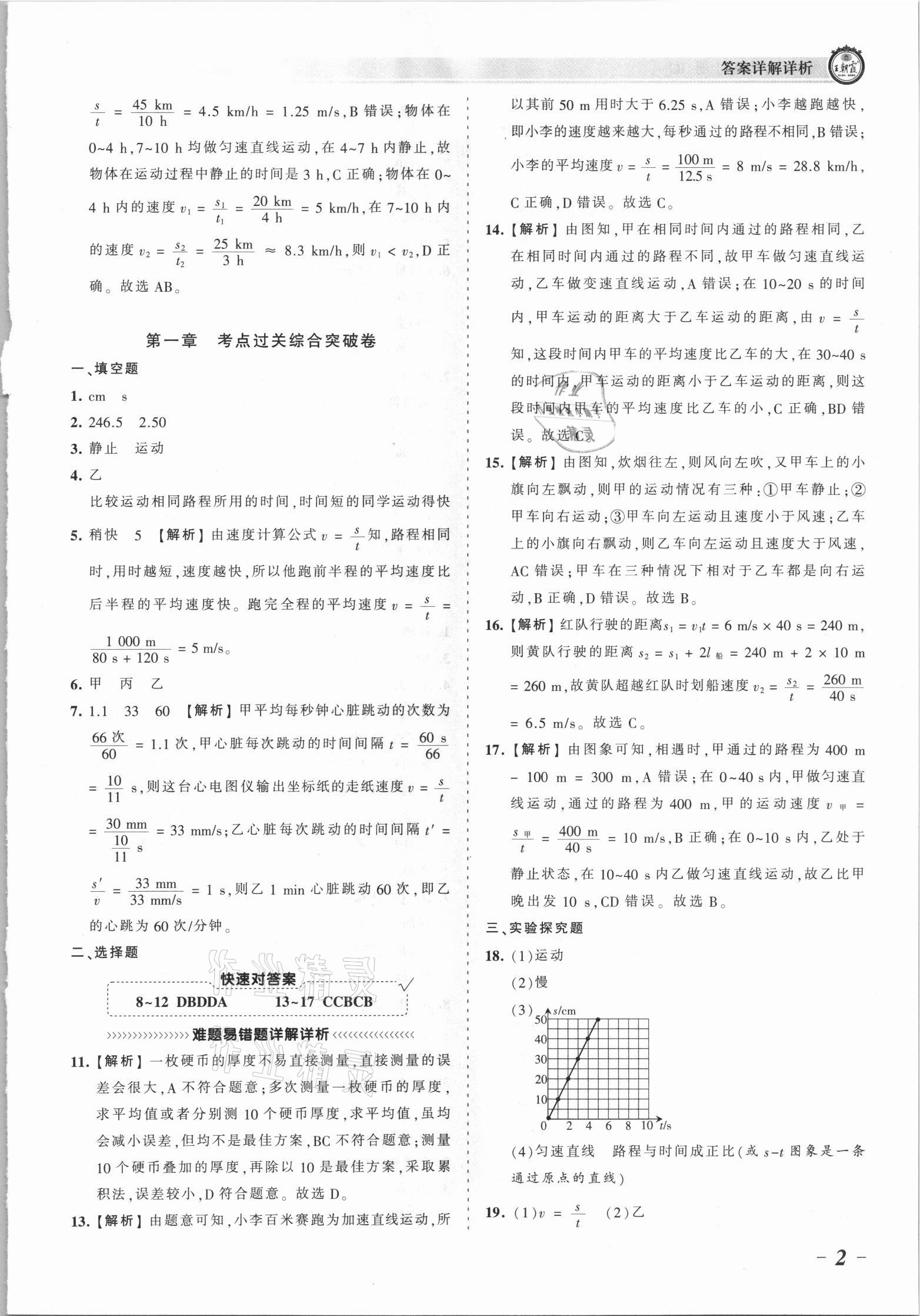 2021年王朝霞考點(diǎn)梳理時習(xí)卷八年級物理上冊滬科版 參考答案第2頁