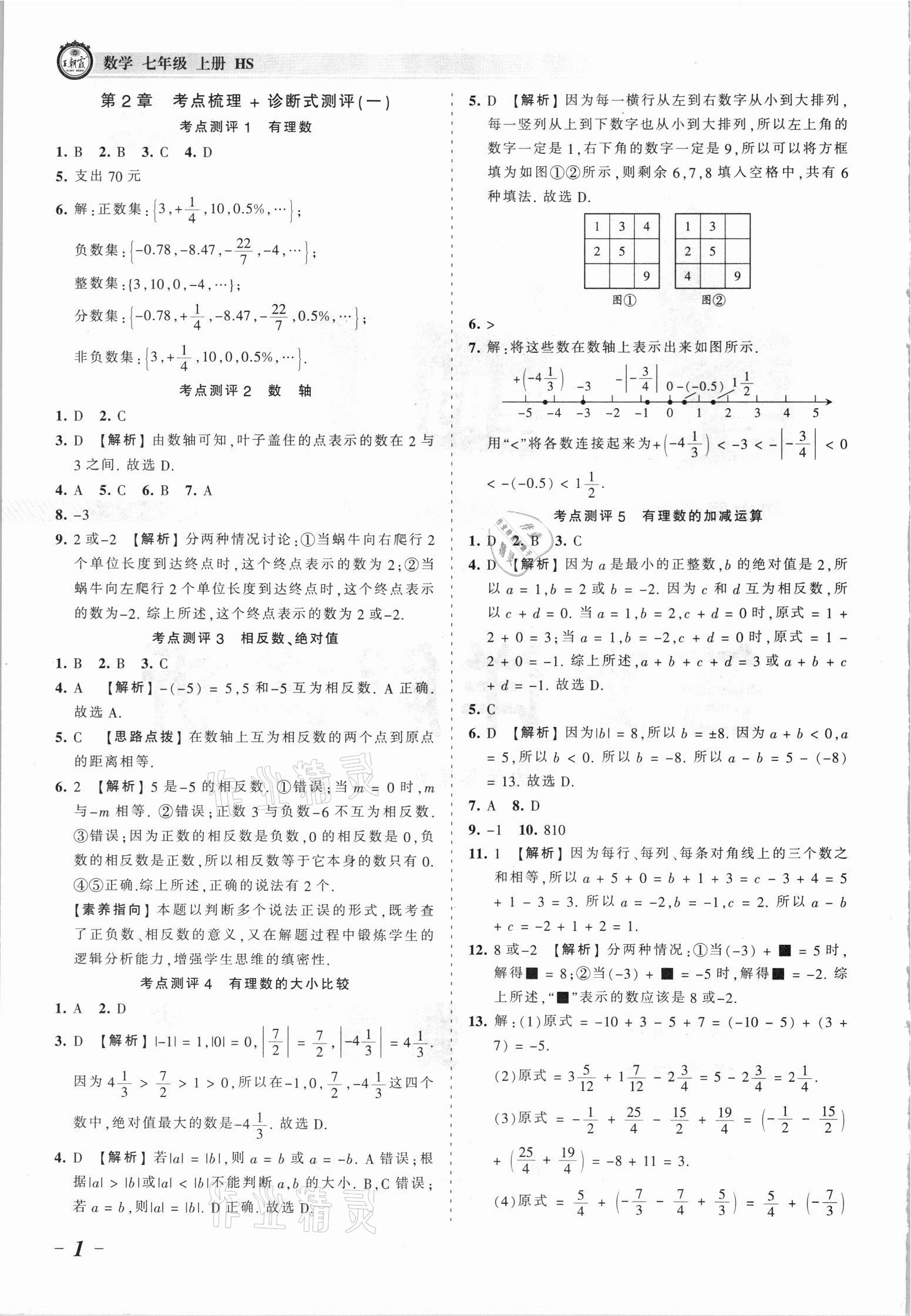 2021年王朝霞考點梳理時習卷七年級數學上冊華師大版 參考答案第1頁