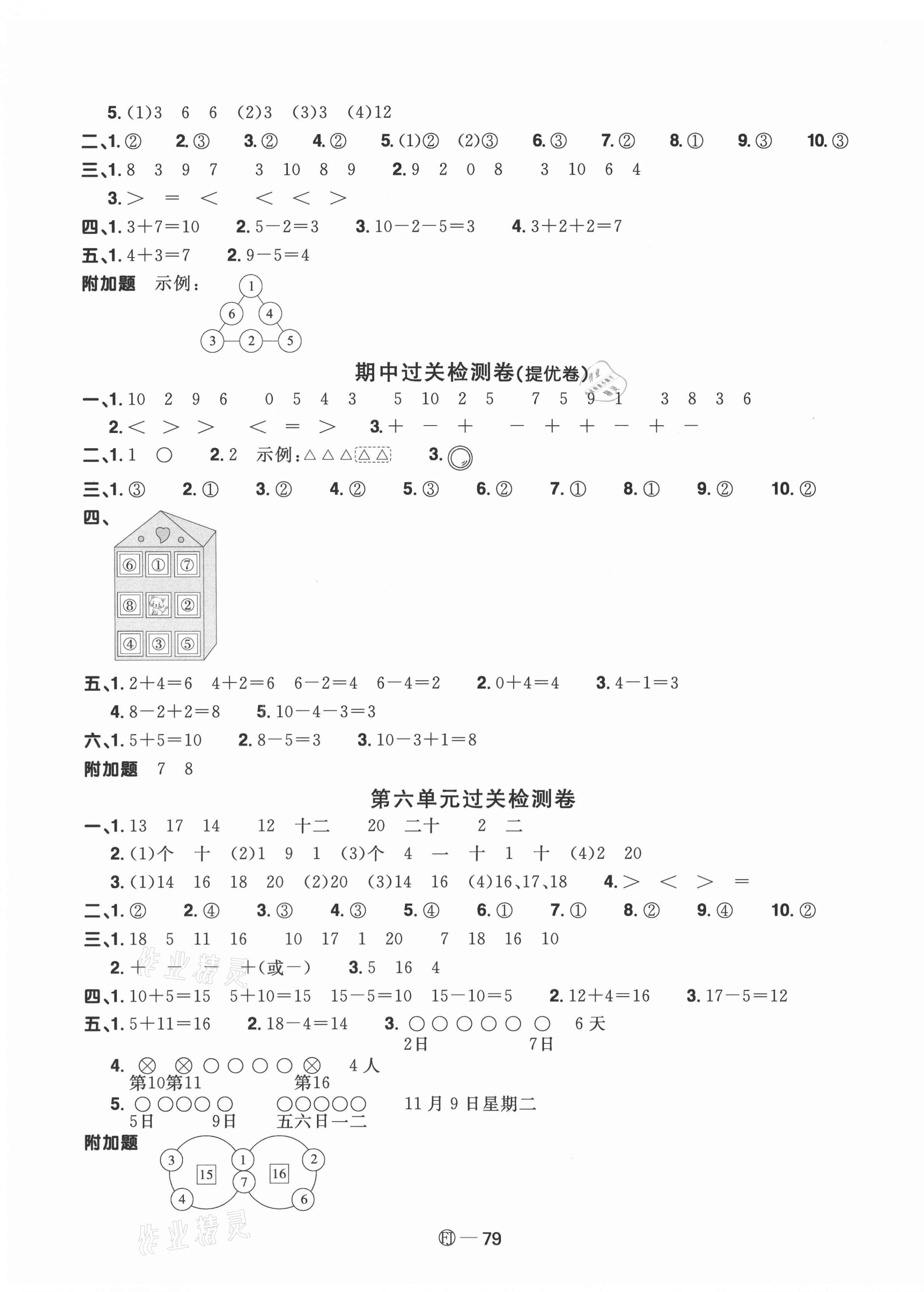 2021年阳光同学一线名师全优好卷一年级数学上册人教版福建专版 参考答案第3页