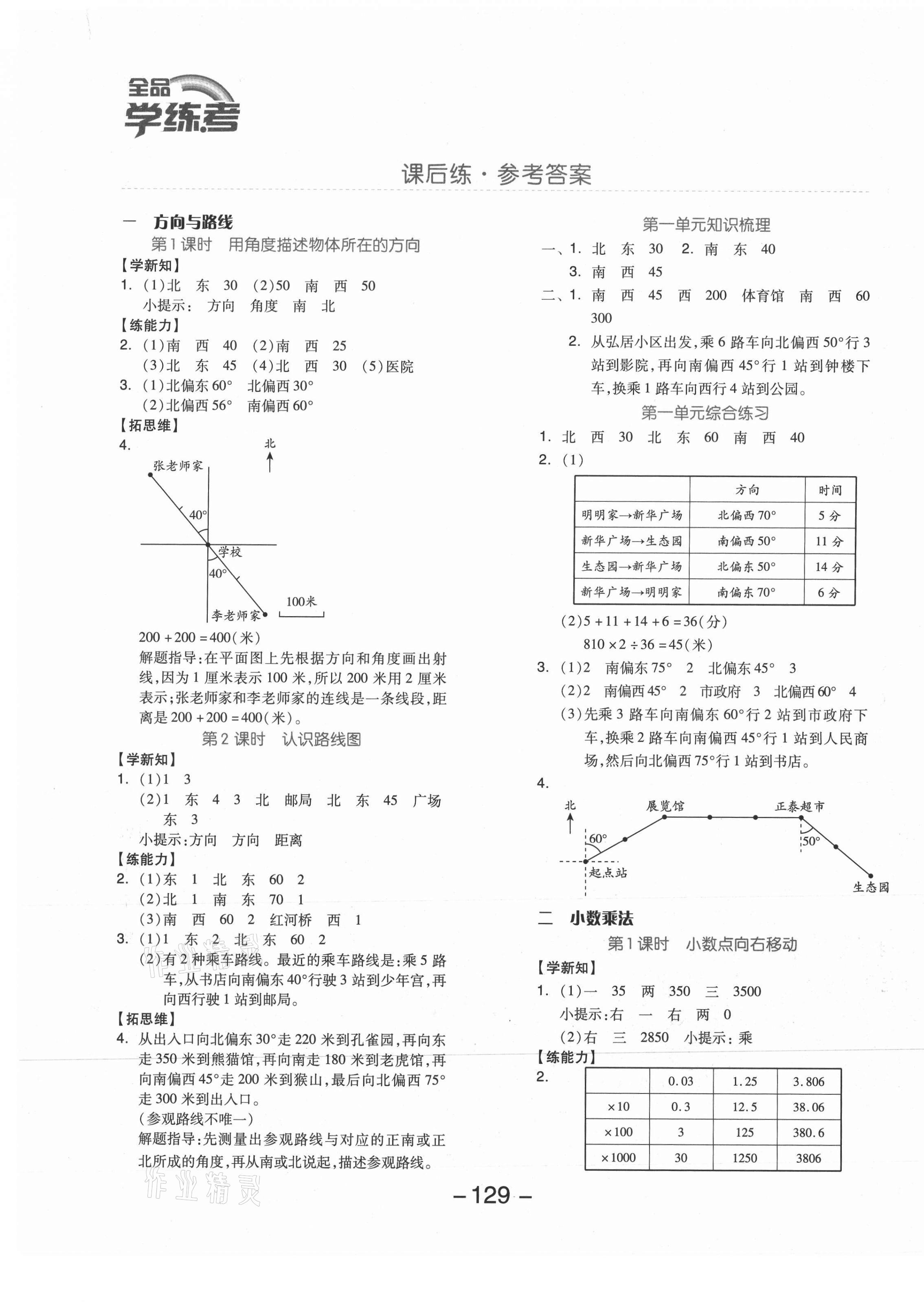 2021年全品学练考五年级数学上册冀教版 参考答案第1页