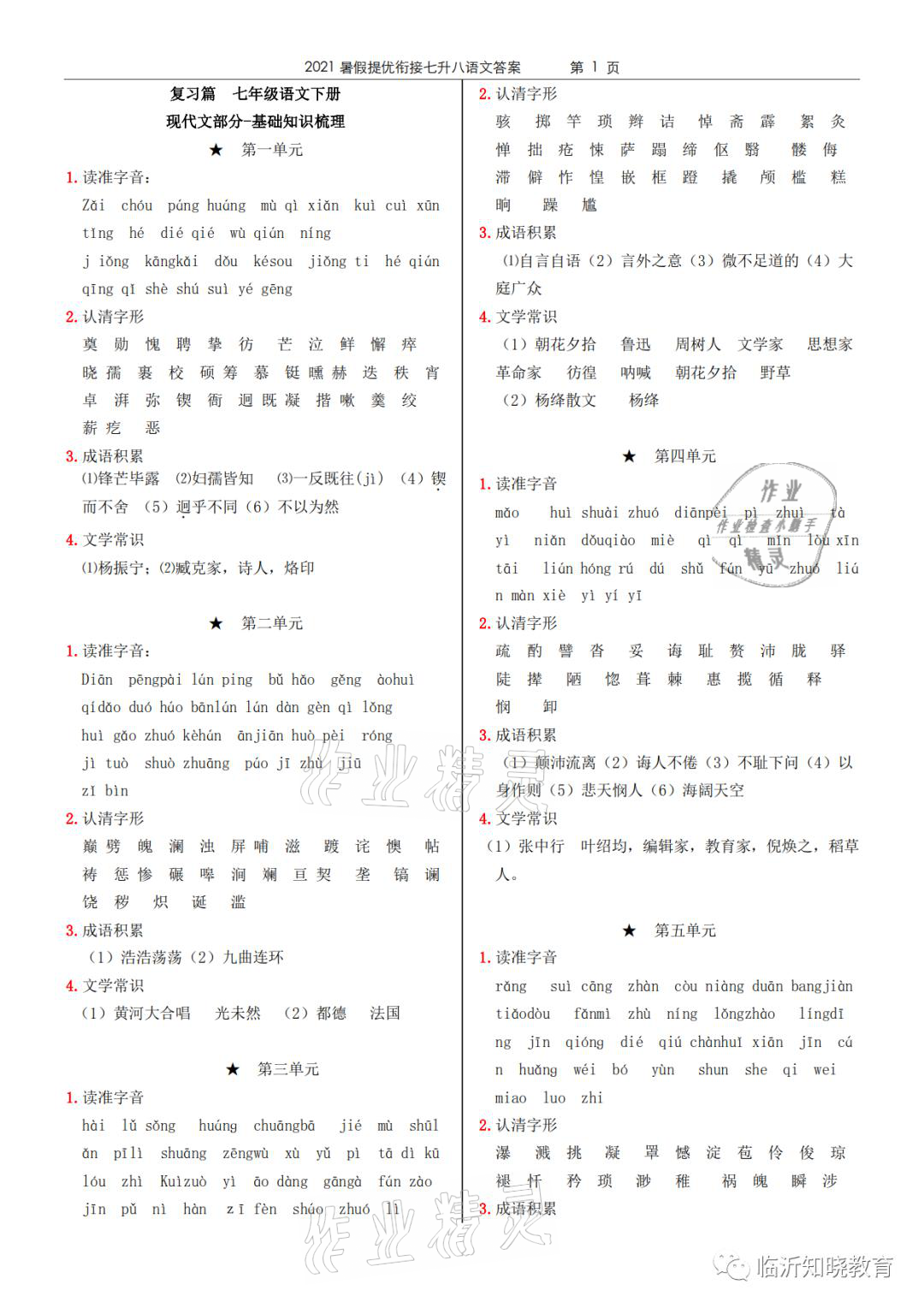 2021年領(lǐng)跑新學(xué)期暑假提優(yōu)銜接八年級(jí)合訂本 參考答案第1頁