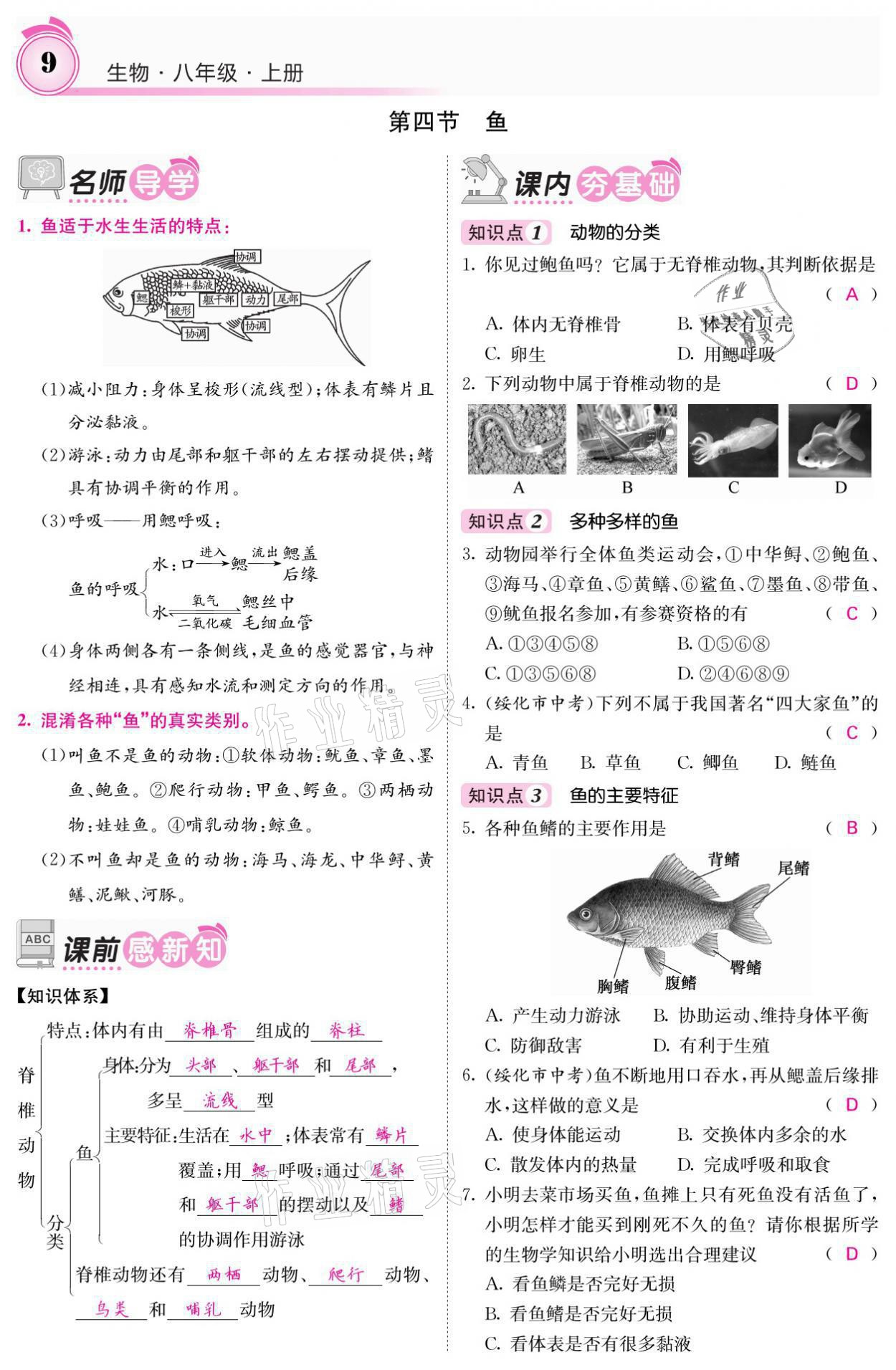 2021年名校课堂内外八年级生物上册人教版 参考答案第20页