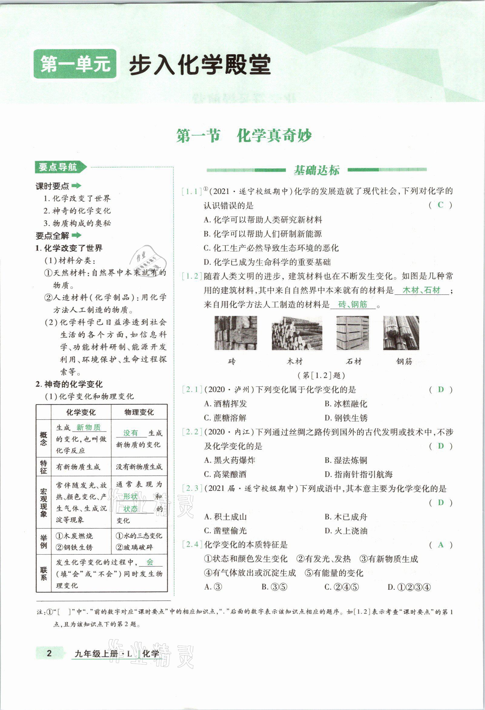 2021年高分突破課時(shí)達(dá)標(biāo)講練測九年級化學(xué)上冊魯教版 參考答案第1頁