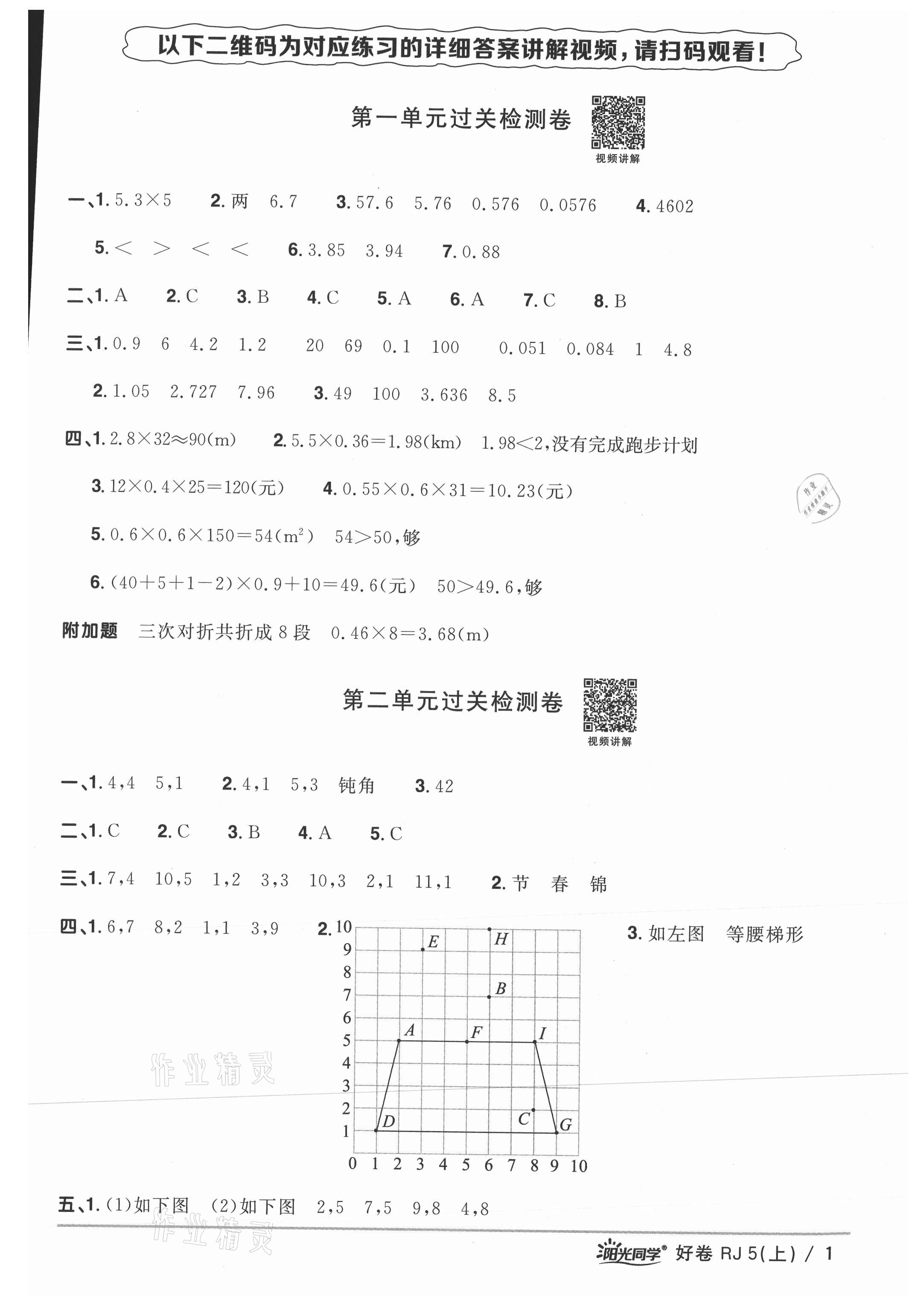 2021年陽光同學(xué)一線名師全優(yōu)好卷五年級(jí)數(shù)學(xué)上冊(cè)人教版 參考答案第1頁