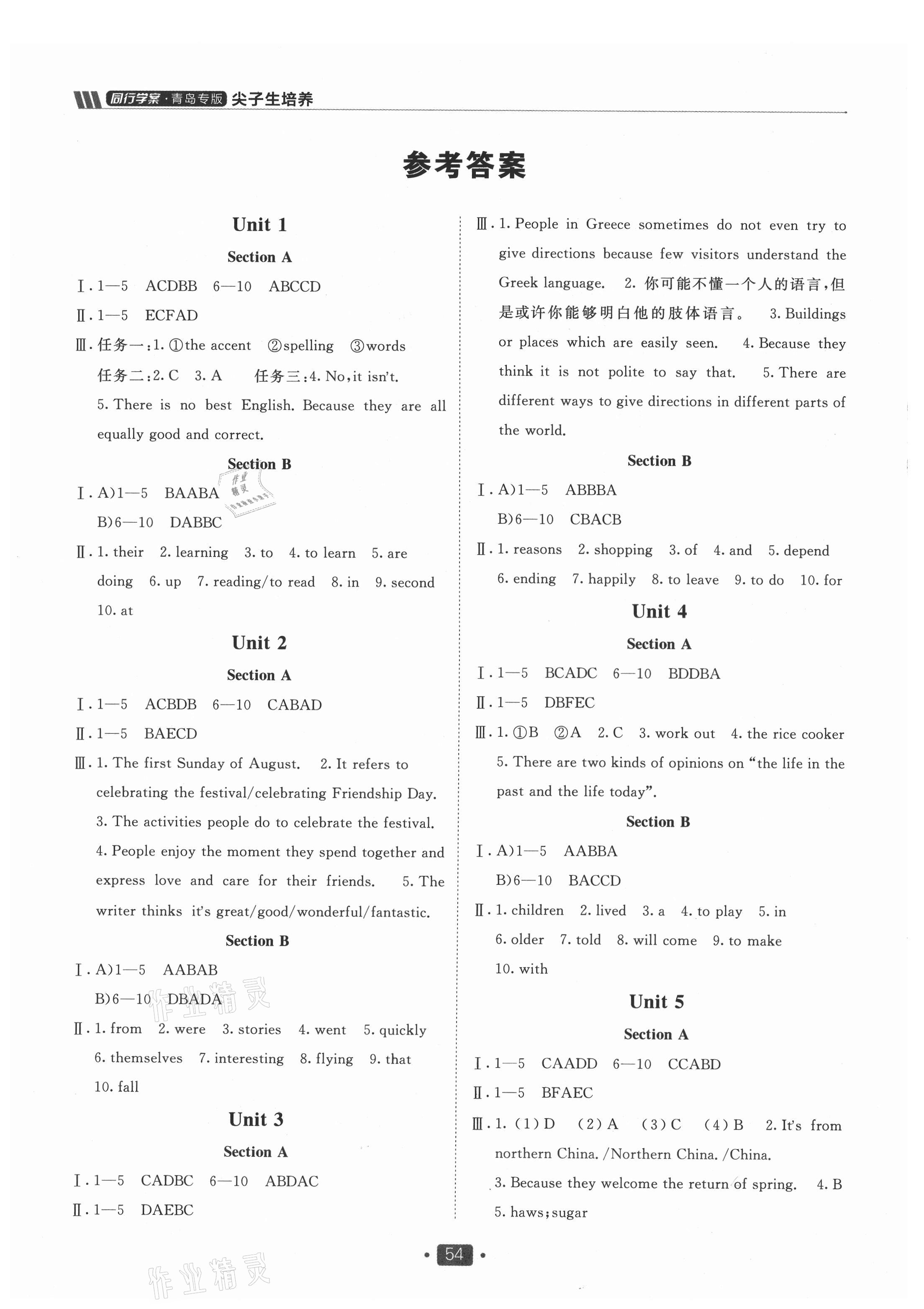 2021年同行學(xué)案學(xué)練測九年級英語人教版青島專版 參考答案第1頁