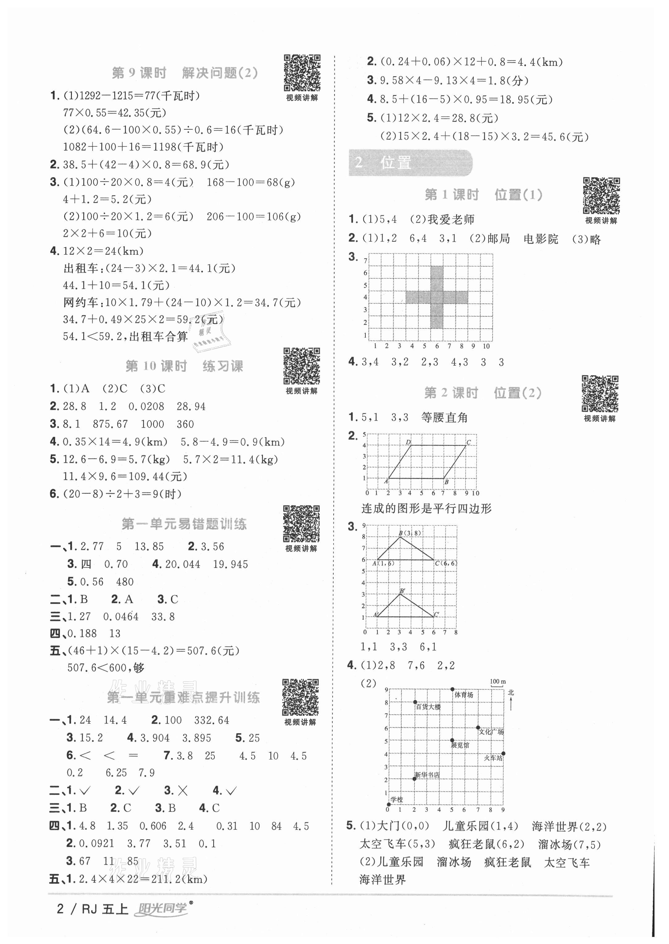 2021年阳光同学课时优化作业五年级数学上册人教版湖北专版 参考答案第2页