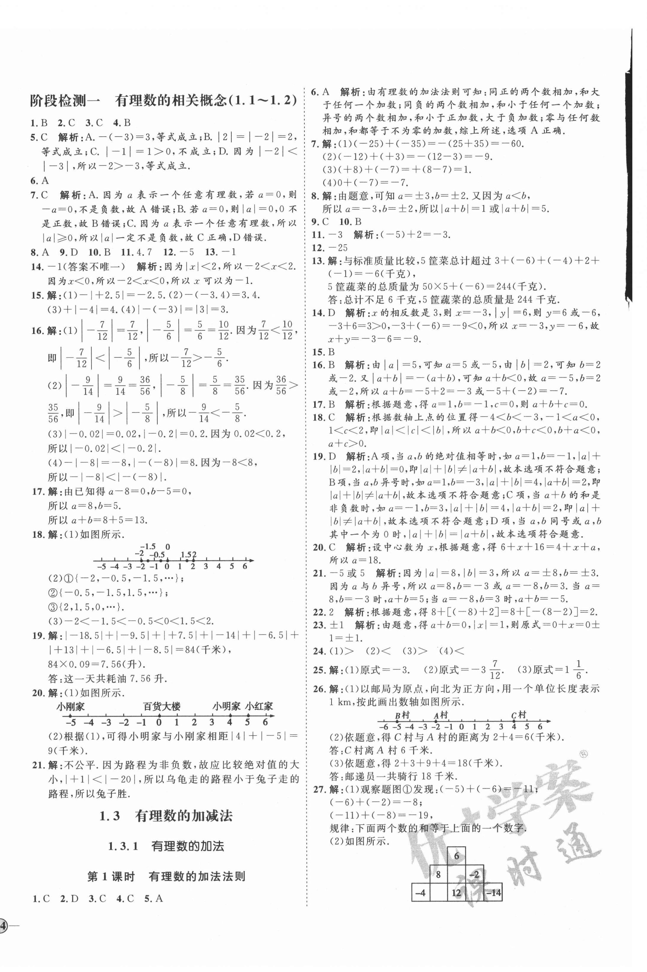 2021年优加学案课时通七年级数学上册人教版临沂专版 参考答案第4页