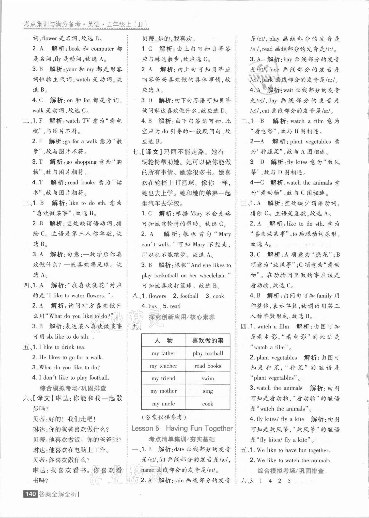 2021年考點集訓(xùn)與滿分備考五年級英語上冊冀教版 參考答案第4頁