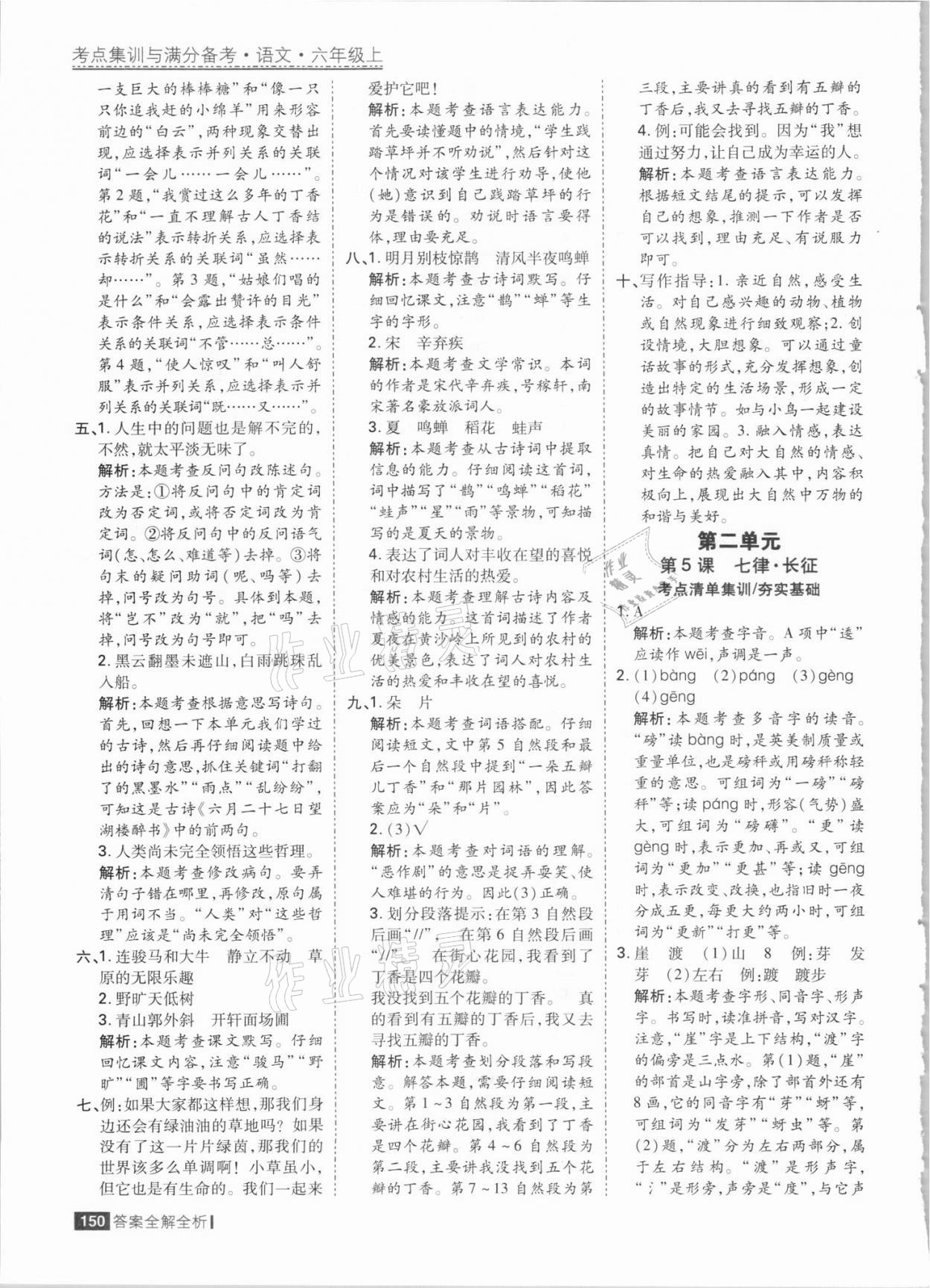 2021年考點集訓與滿分備考六年級語文上冊人教版 參考答案第6頁