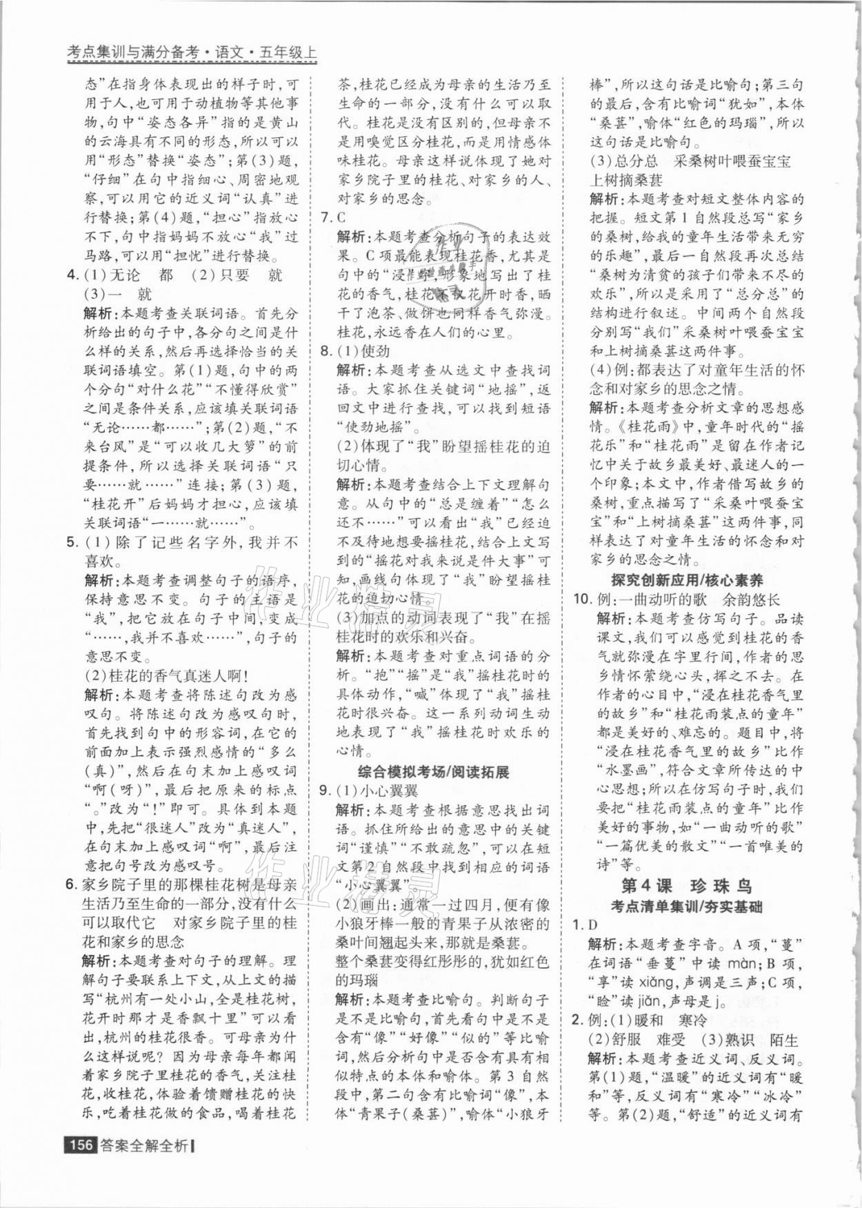 2021年考點(diǎn)集訓(xùn)與滿分備考五年級語文上冊人教版 參考答案第4頁