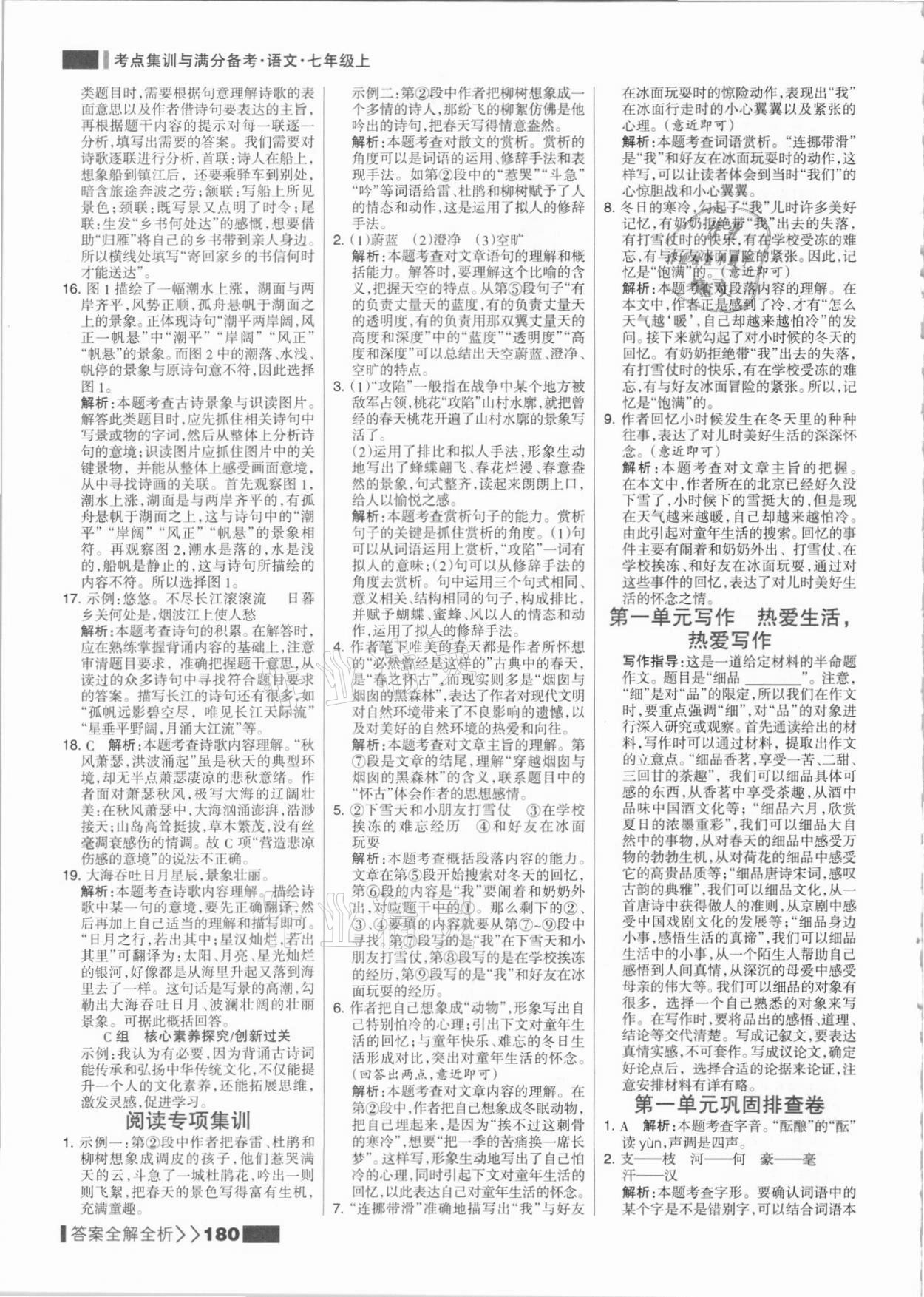 2021年考點集訓與滿分備考七年級語文上冊人教版 參考答案第4頁