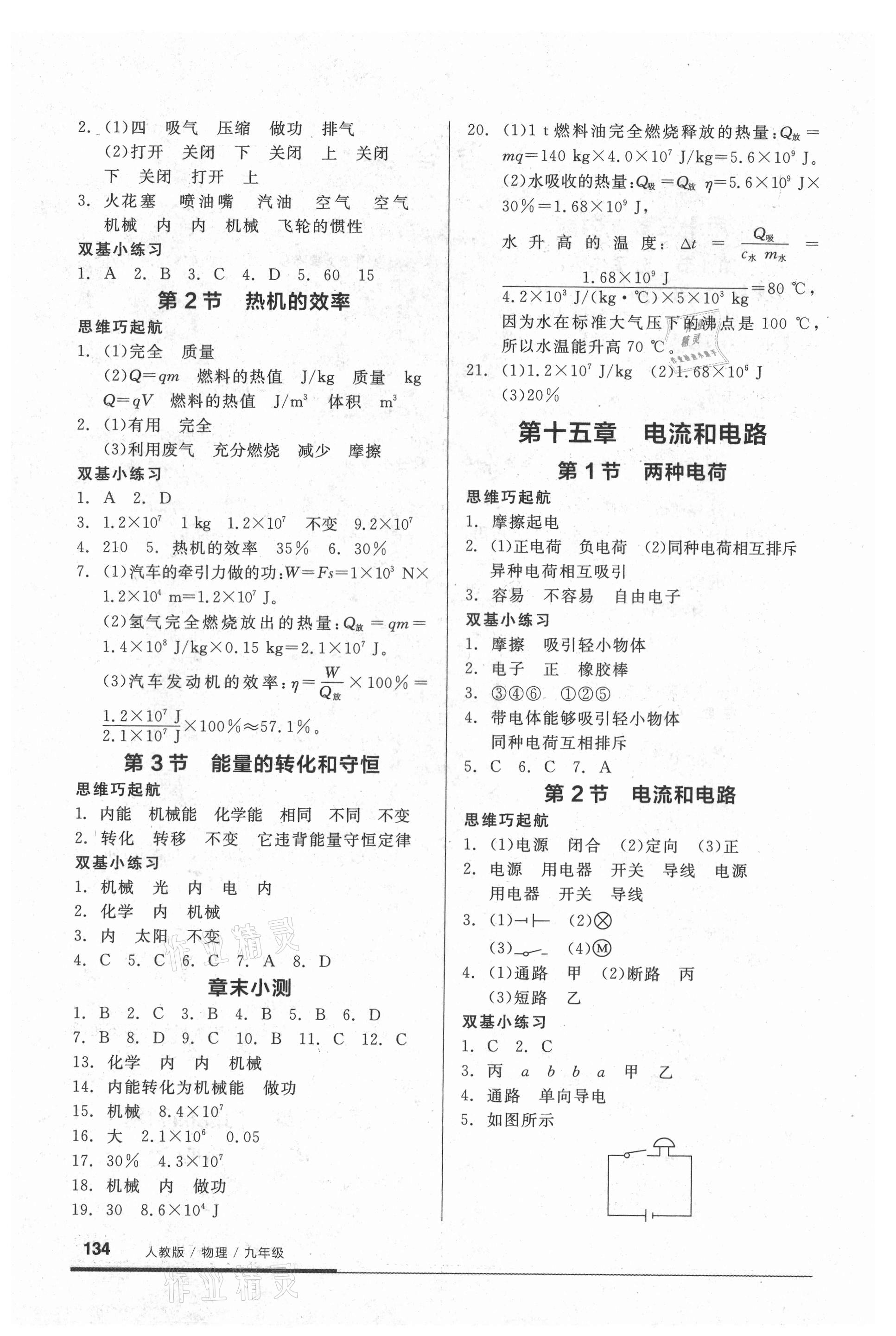 2021年全品基礎(chǔ)小練習(xí)九年級(jí)物理全一冊(cè)人教版 參考答案第2頁(yè)