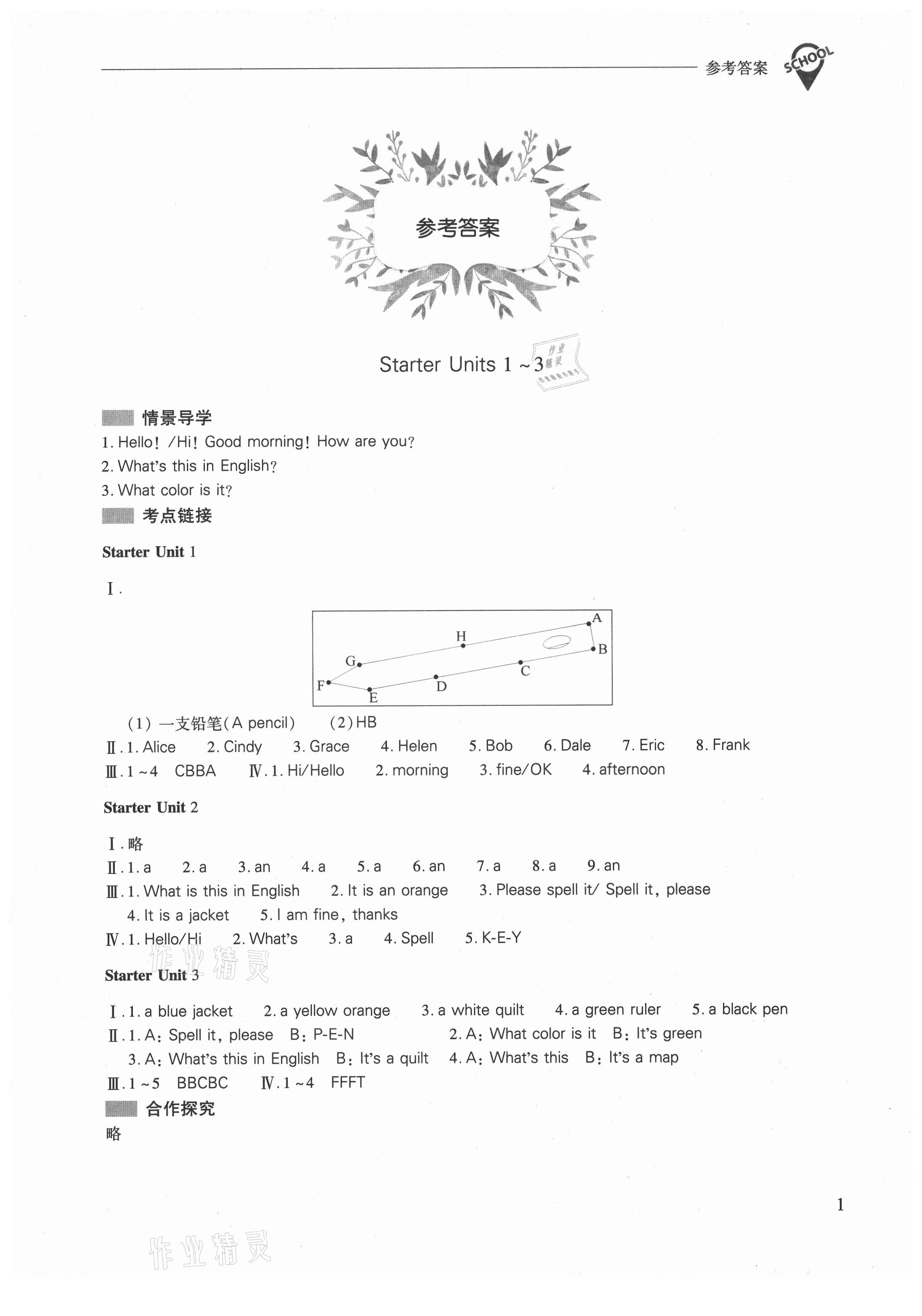 2021年新課程問題解決導(dǎo)學(xué)方案七年級英語上冊人教版 參考答案第1頁