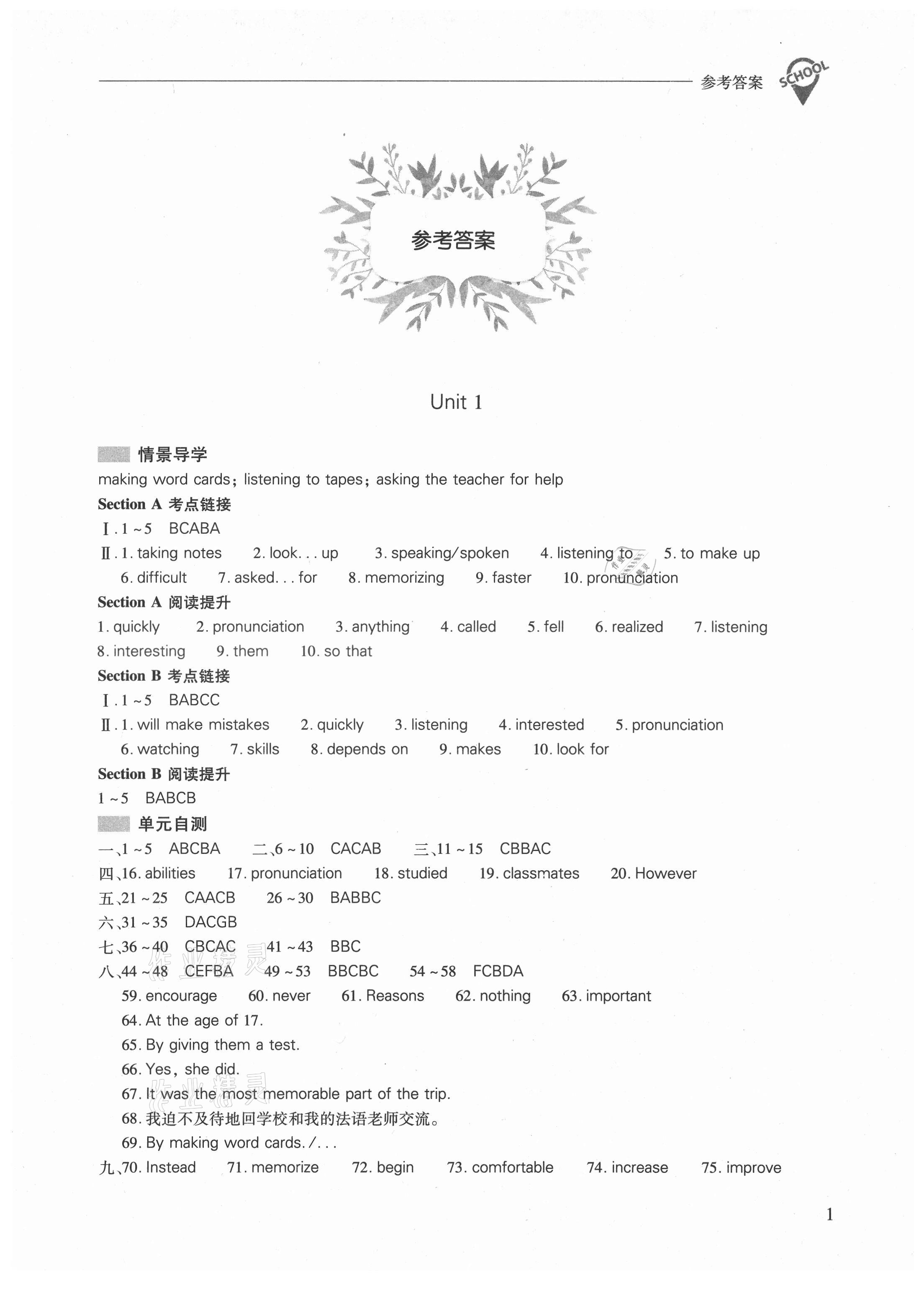 2021年新课程问题解决导学方案九年级英语全一册人教版 参考答案第1页