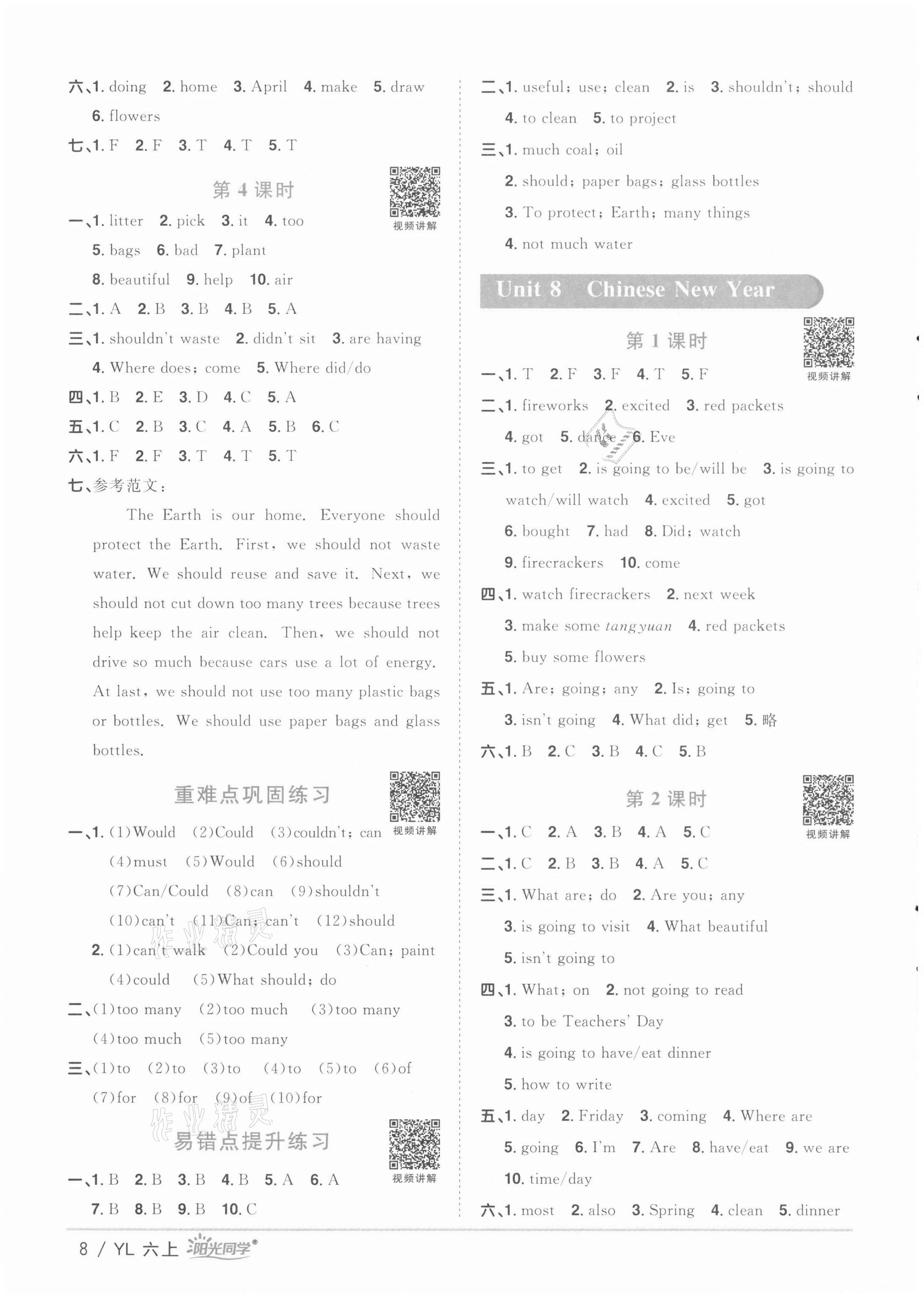 2021年陽光同學(xué)課時優(yōu)化作業(yè)六年級英語上冊譯林版徐州專版 參考答案第8頁