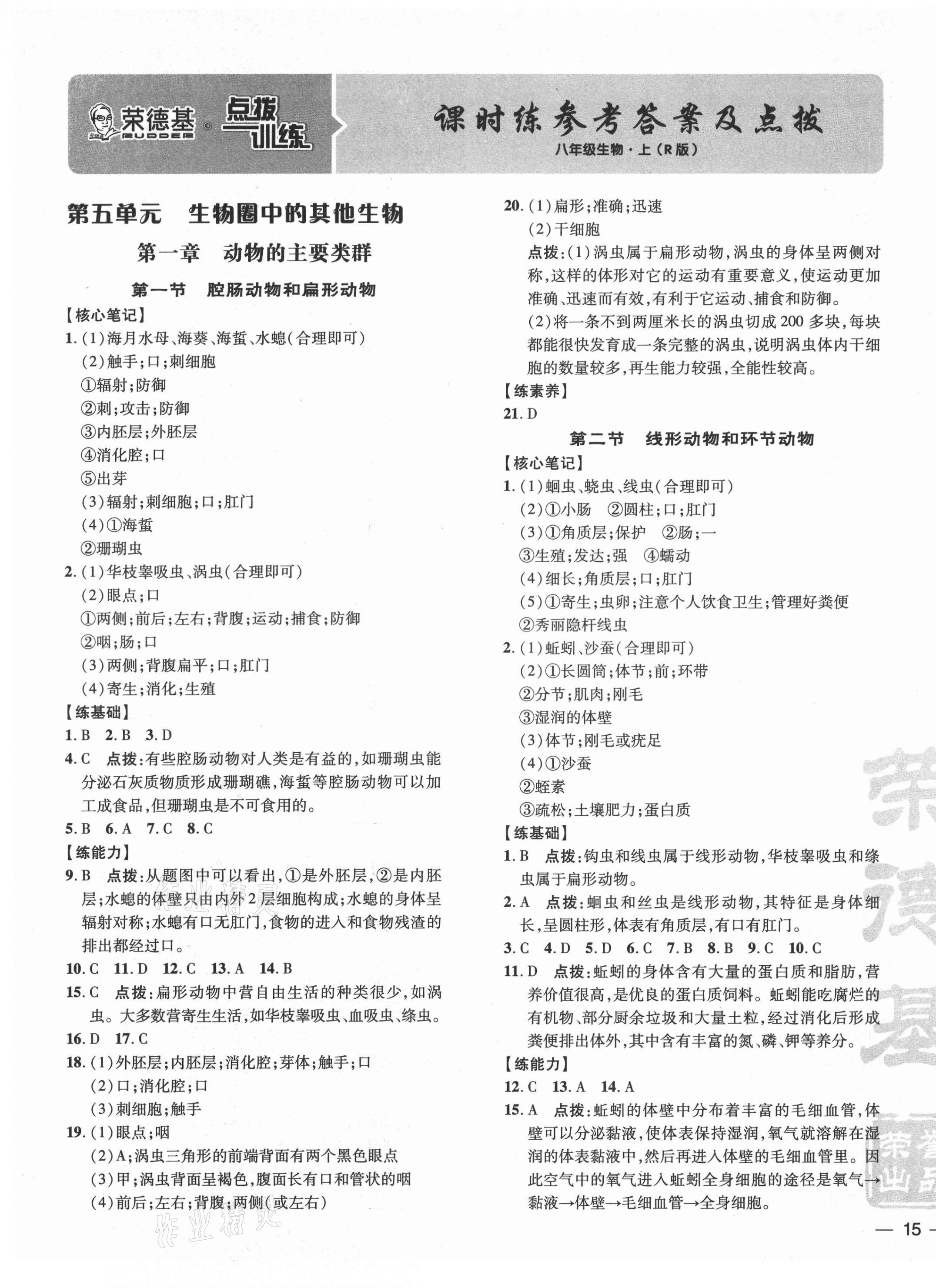 2021年點(diǎn)撥訓(xùn)練八年級生物上冊人教版 參考答案第1頁