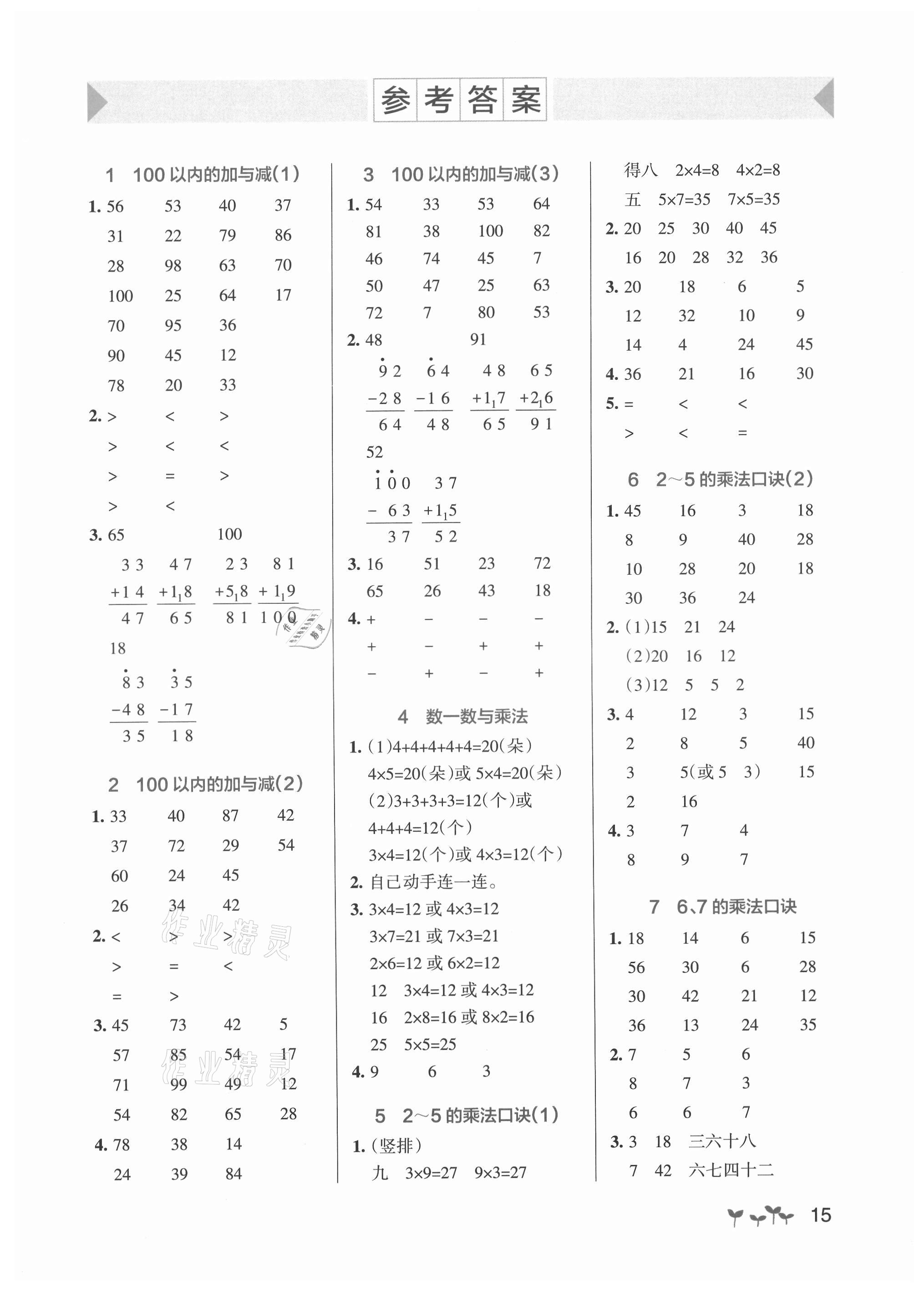 2021年小學(xué)學(xué)霸作業(yè)本二年級(jí)數(shù)學(xué)上冊(cè)北師大版 參考答案第1頁(yè)