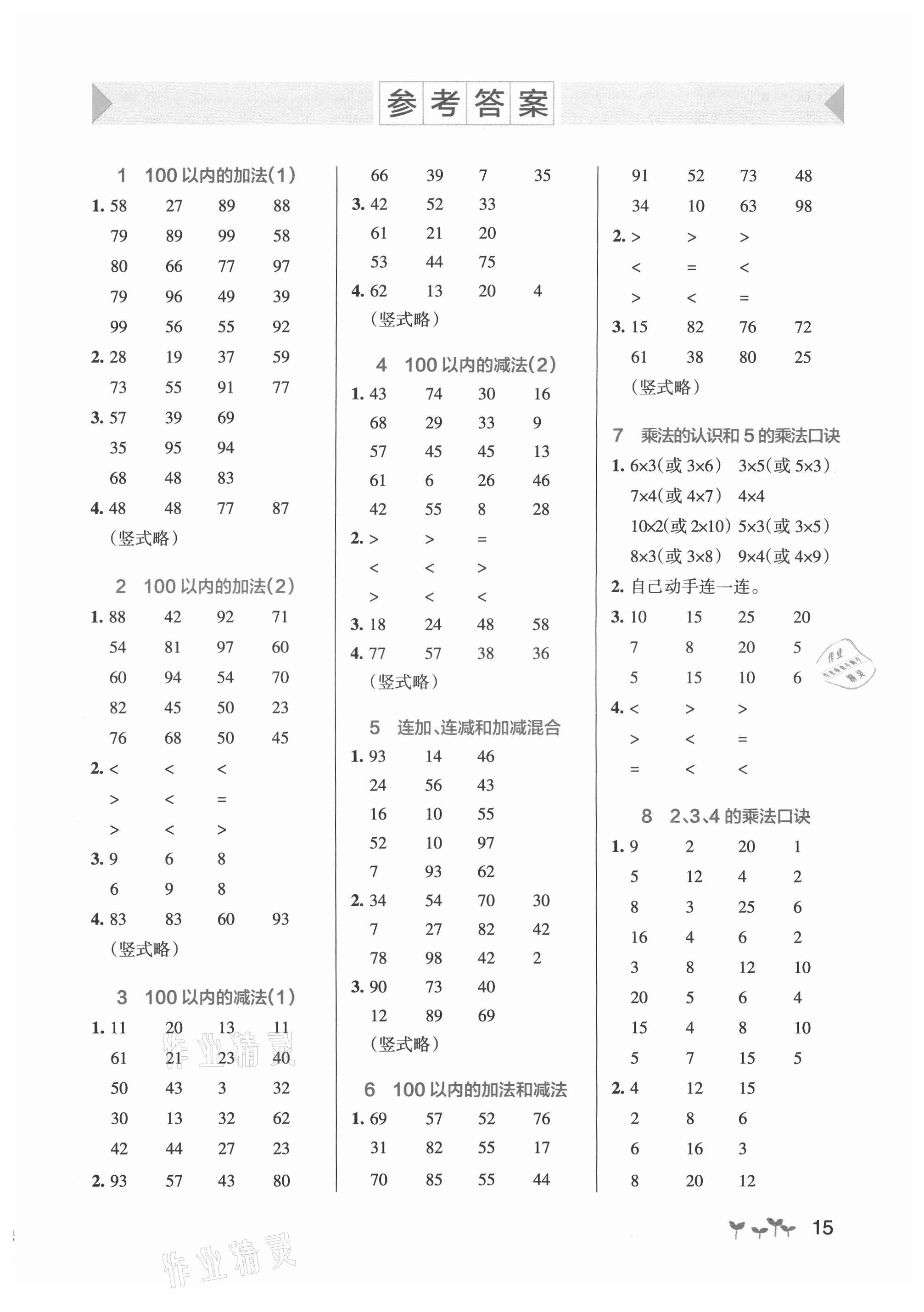 2021年小學學霸作業(yè)本二年級數(shù)學上冊人教版 參考答案第1頁