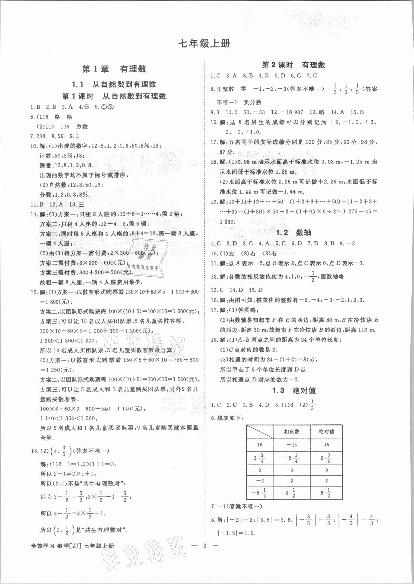 2021年全效學(xué)習(xí)七年級數(shù)學(xué)上冊浙教版精華版 參考答案第1頁