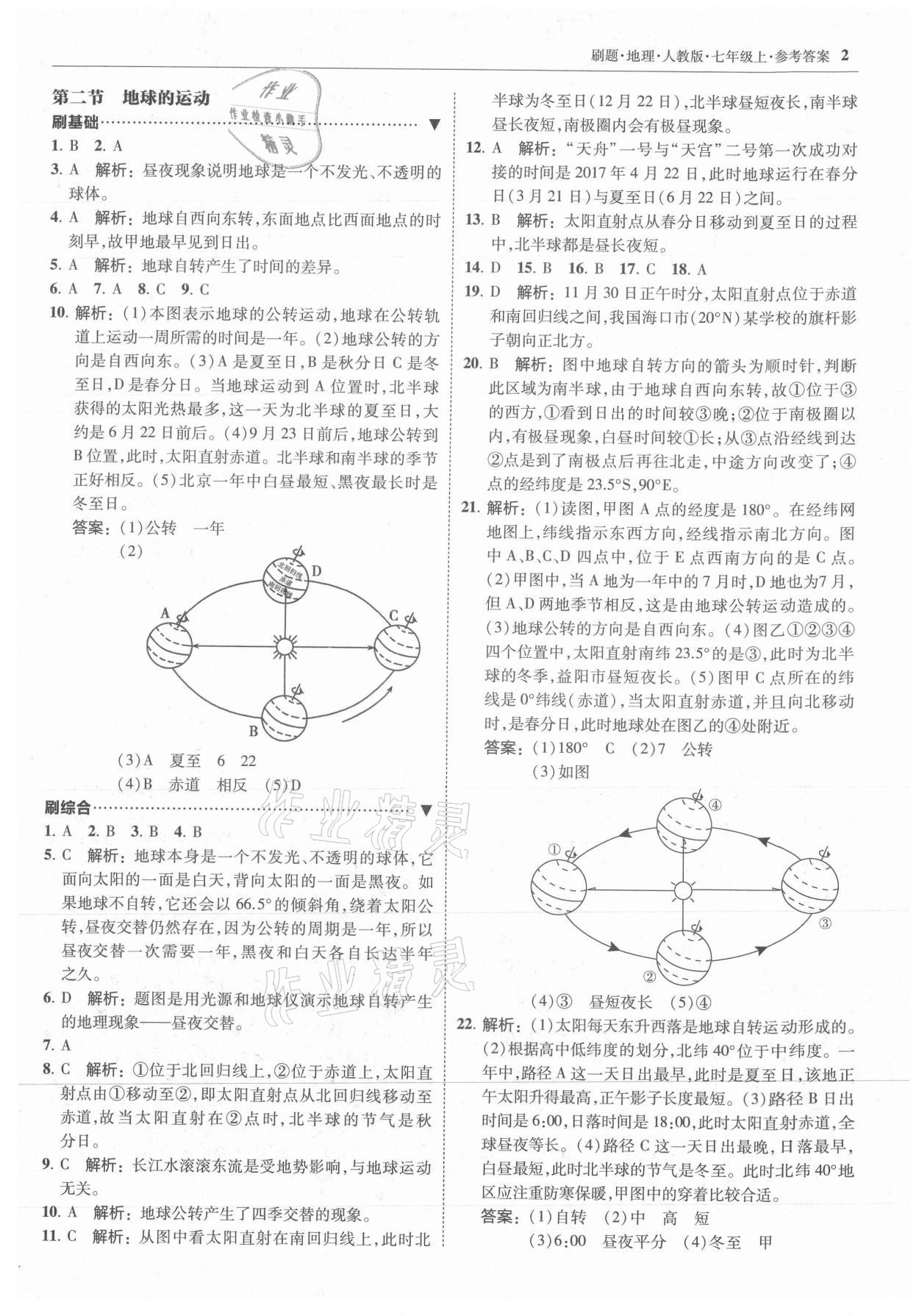 2021年北大绿卡刷题七年级地理上册人教版 参考答案第2页