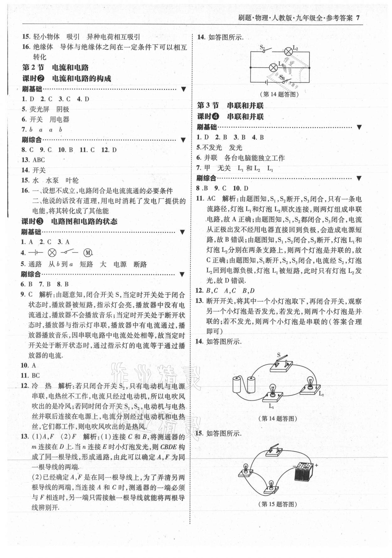 2021年北大绿卡刷题九年级物理全一册人教版 参考答案第7页