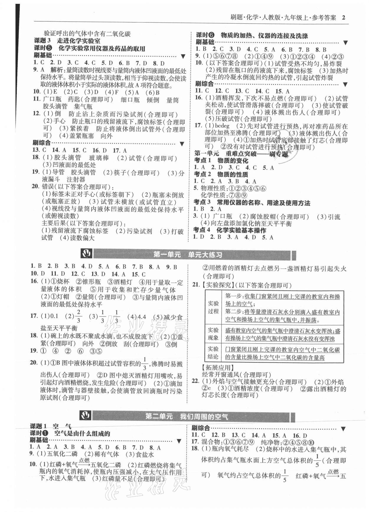 2021年北大绿卡刷题九年级化学上册人教版 参考答案第2页