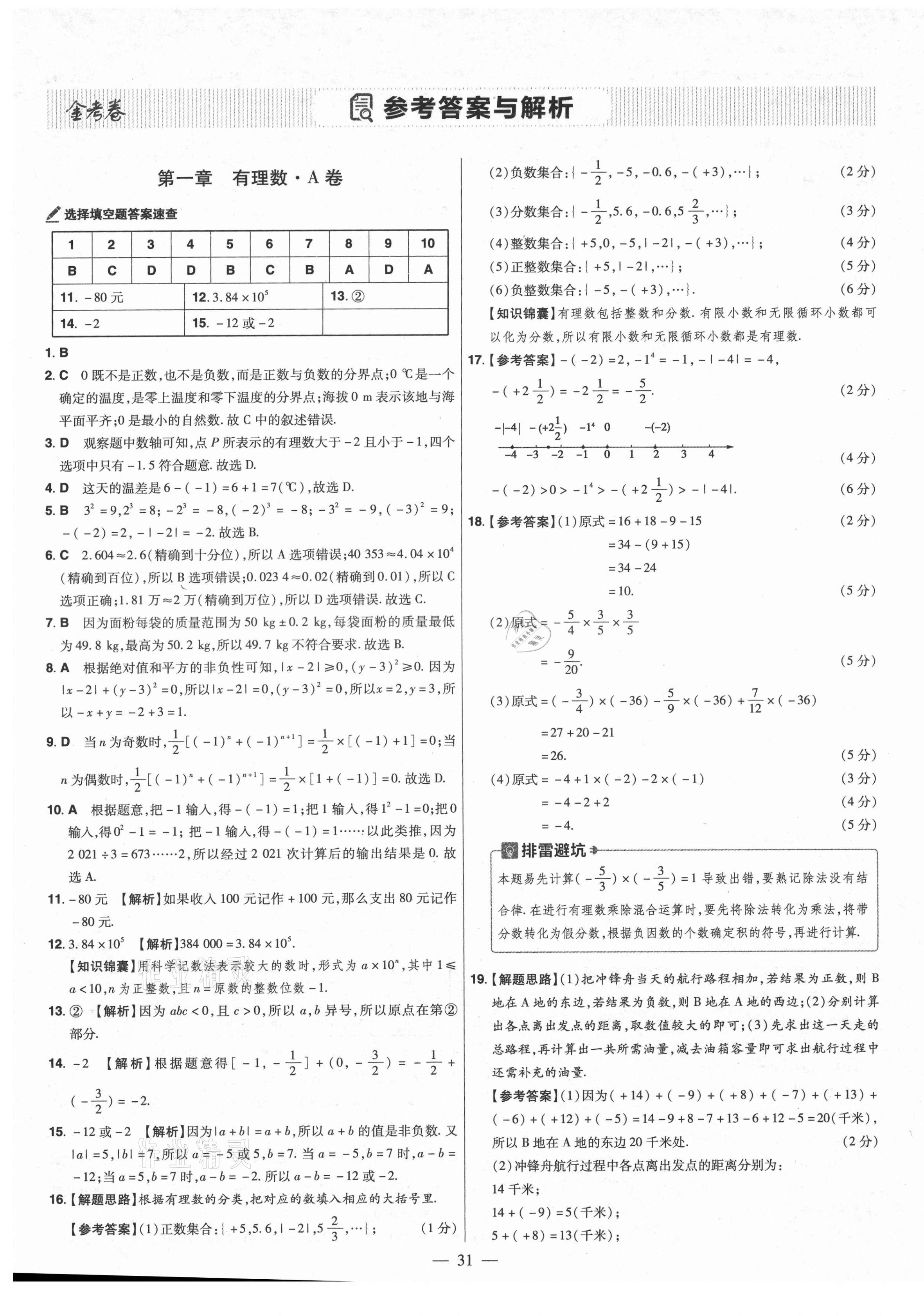 2021年金考卷活頁題選七年級數(shù)學(xué)上冊人教版 參考答案第1頁