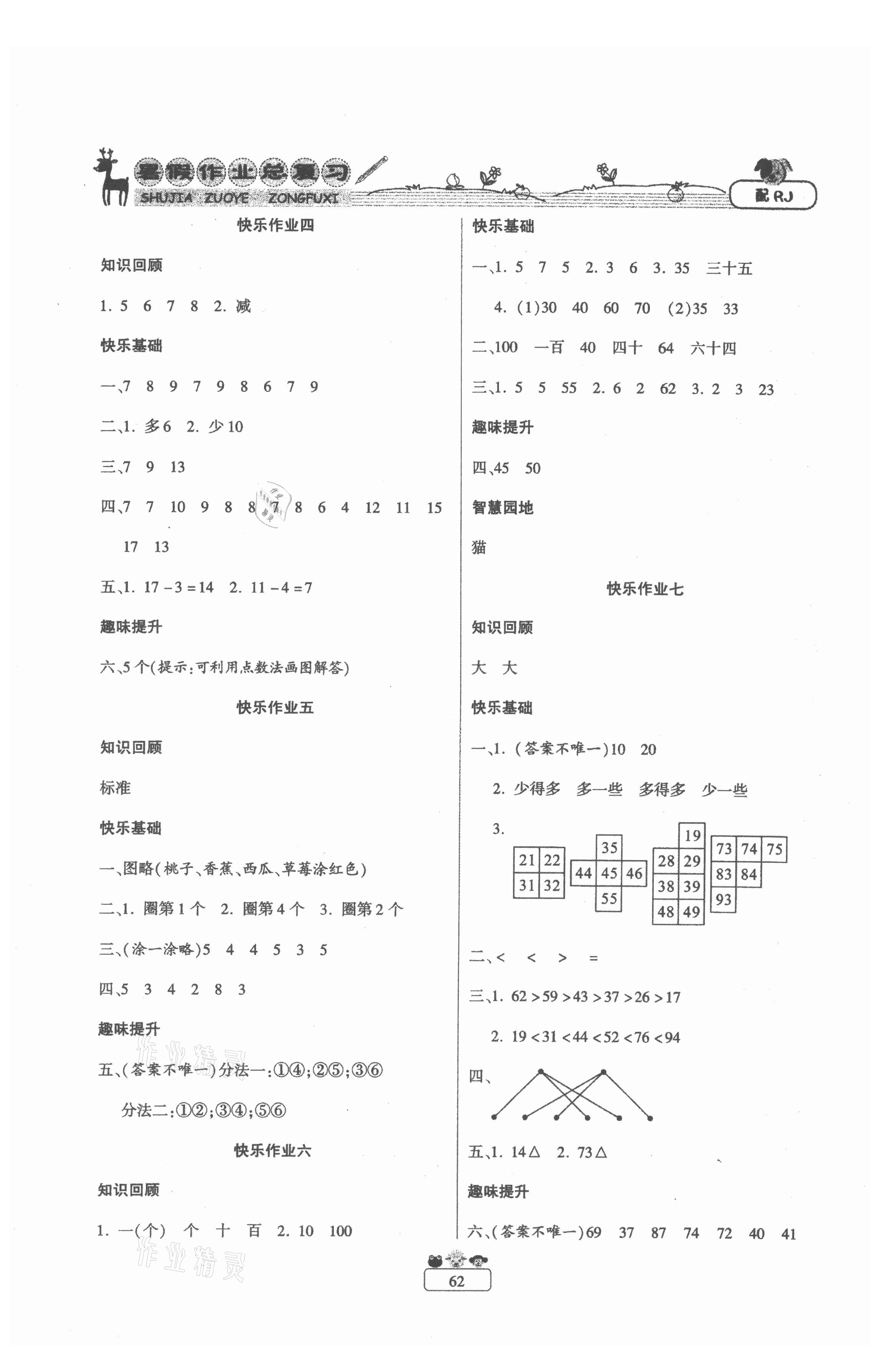 2021年快樂假期暑假作業總復習一年級數學人教版南方出版社 第2頁