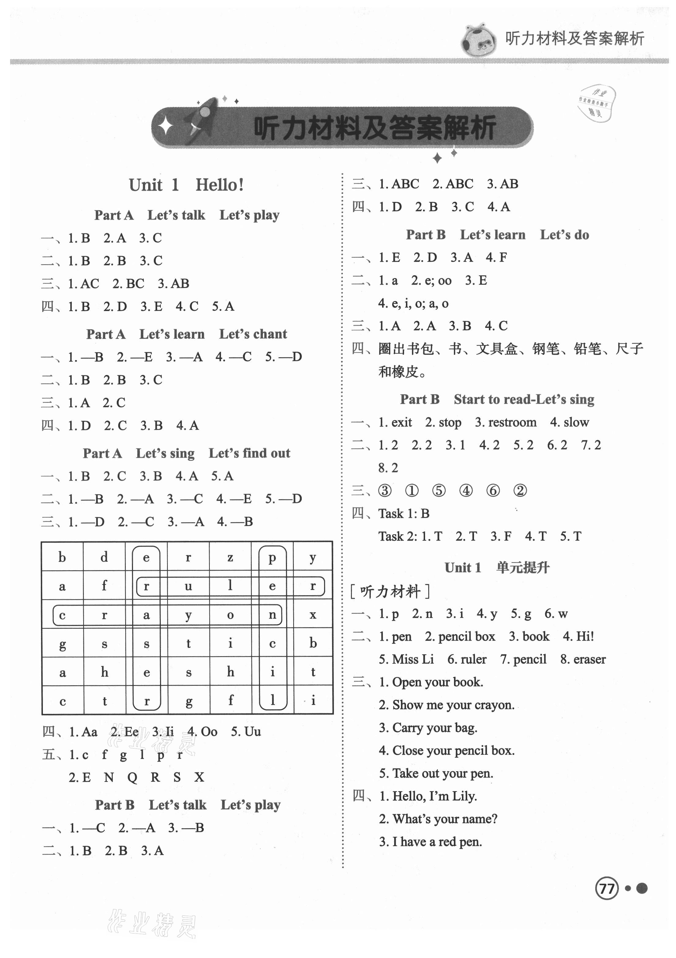 2021年黄冈小状元练重点三年级英语上册人教版 参考答案第1页