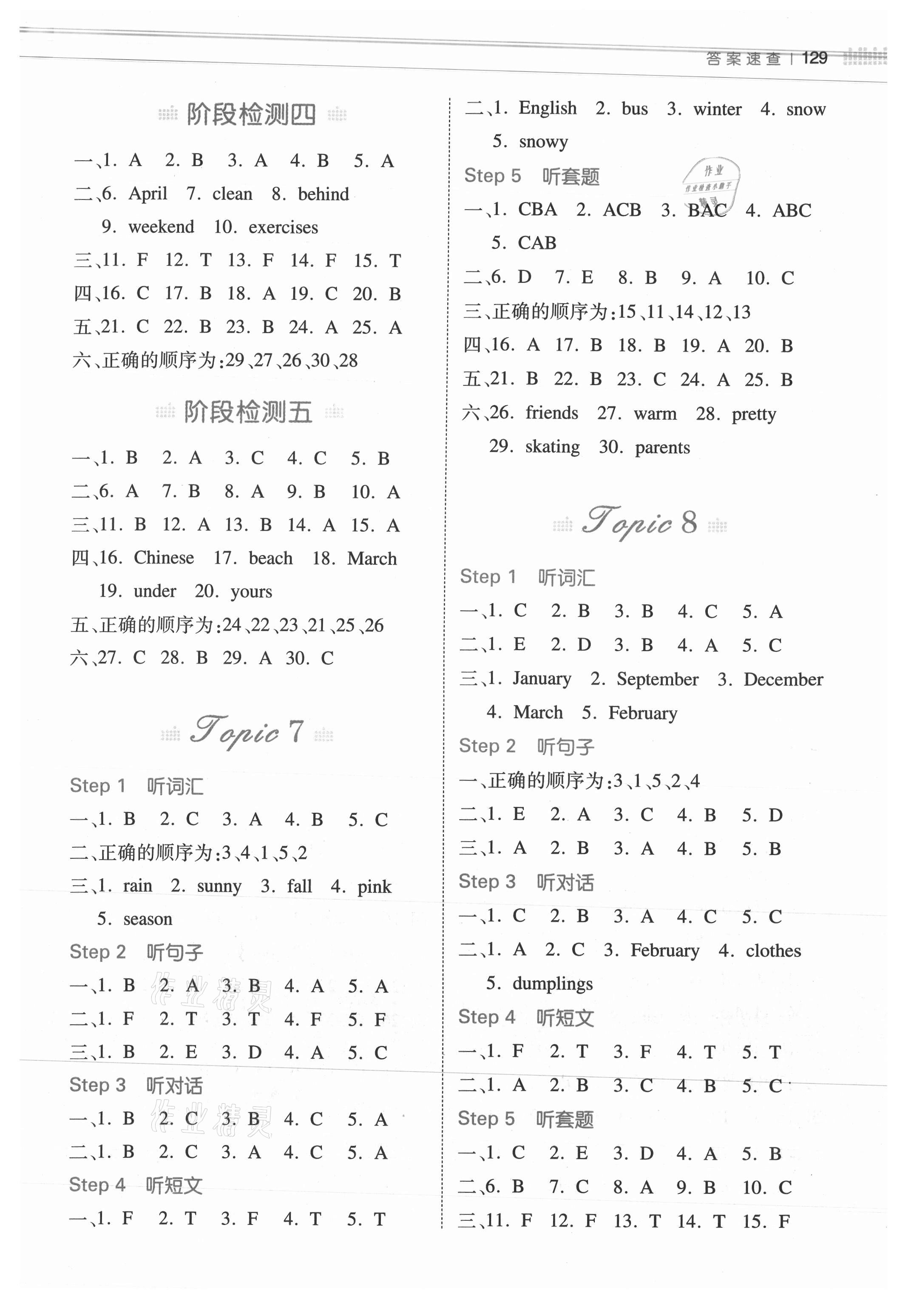 2021年一本听力话题步步练五年级英语&nbsp;参考答案第4页