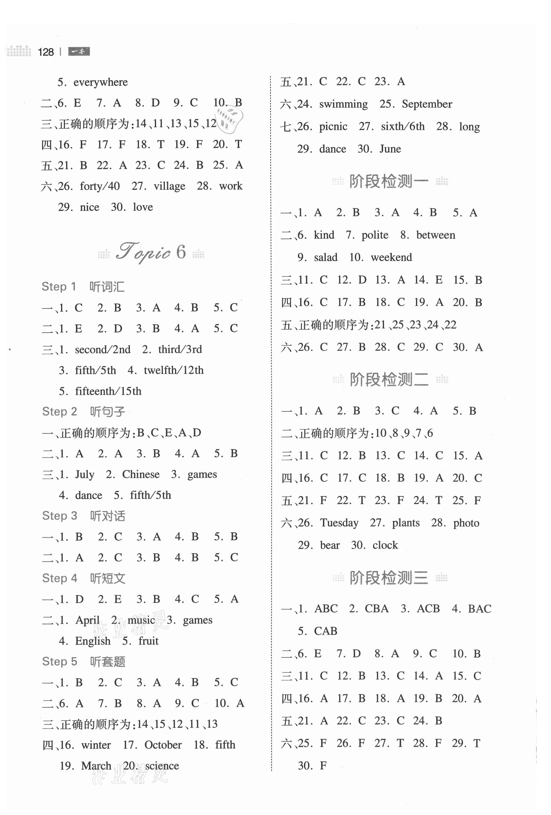 2021年一本听力话题步步练五年级英语&nbsp;参考答案第3页