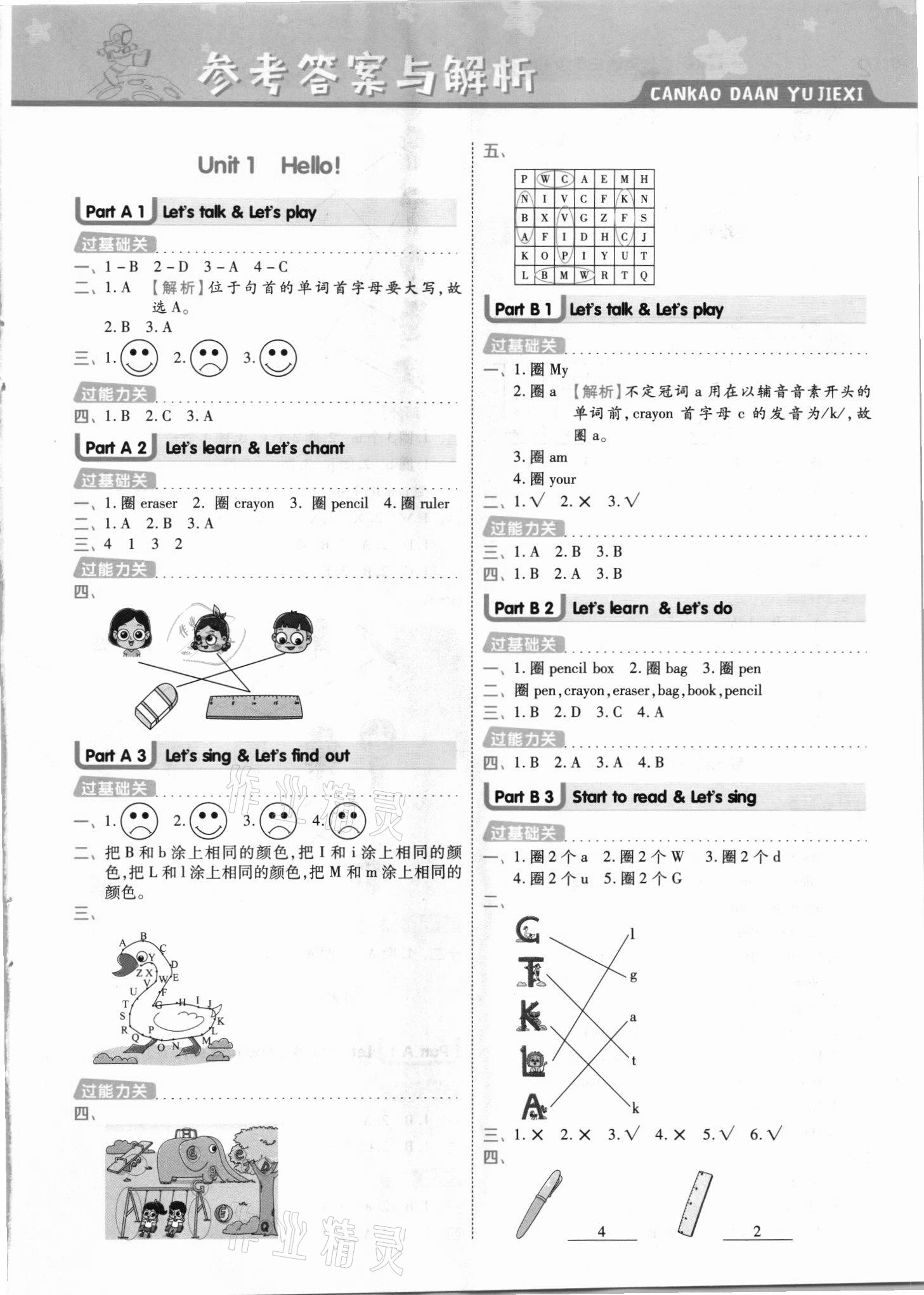 2021年一遍過三年級英語上冊人教版河南專版 參考答案第1頁