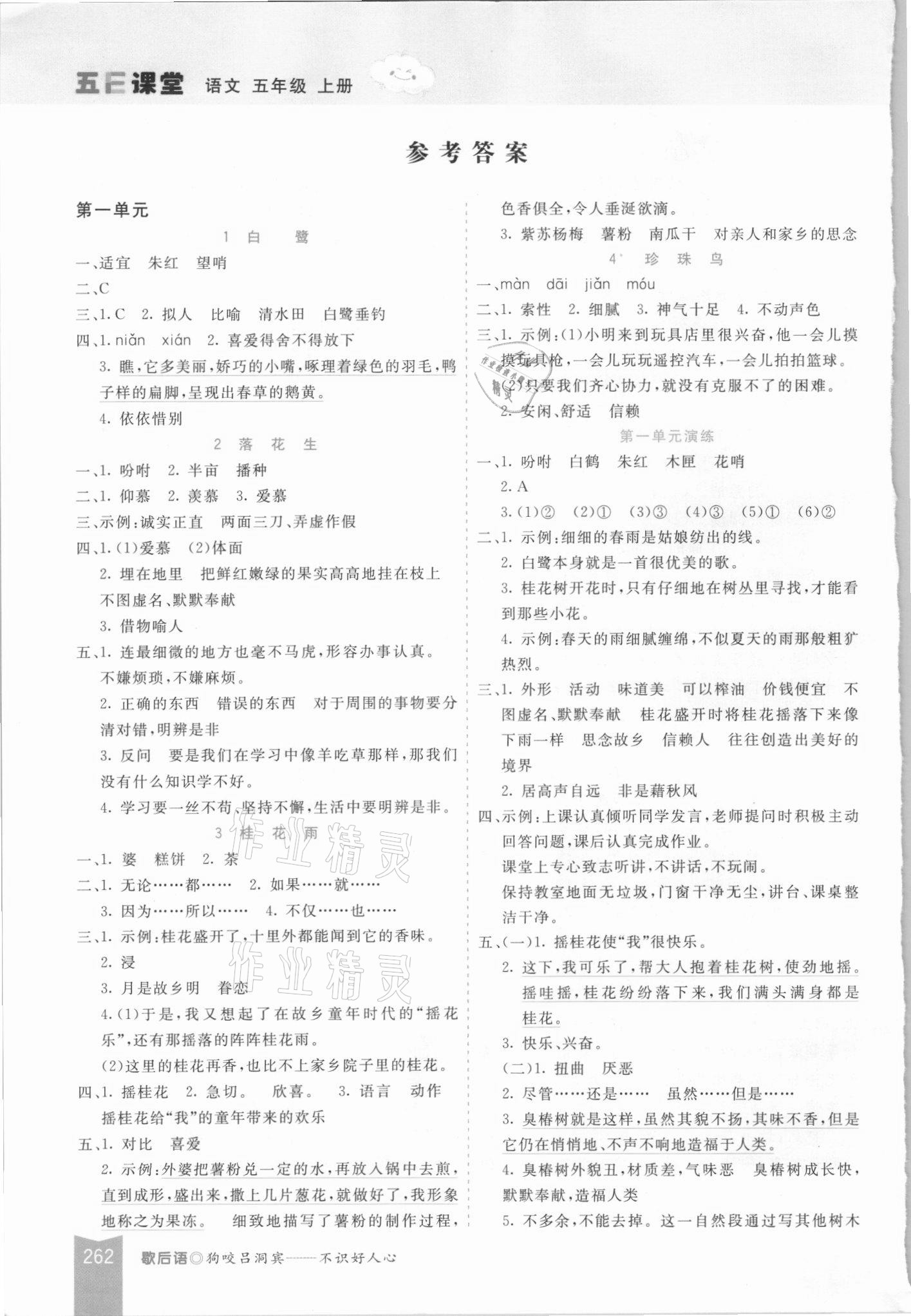 2021年五E課堂五年級(jí)語文上冊(cè)人教版河北專版 參考答案第1頁