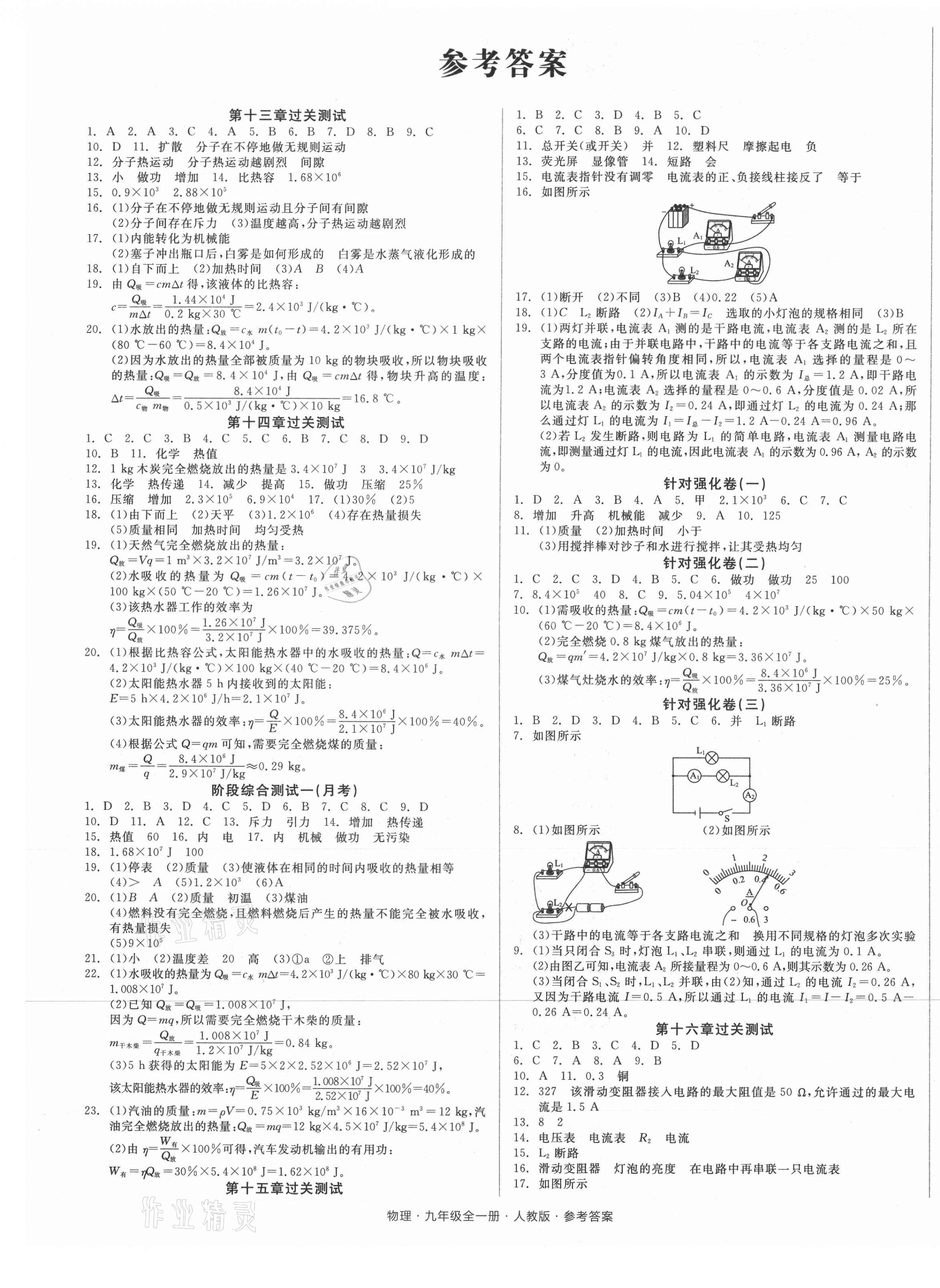 2021年全品小复习九年级物理全一册人教版 参考答案第1页